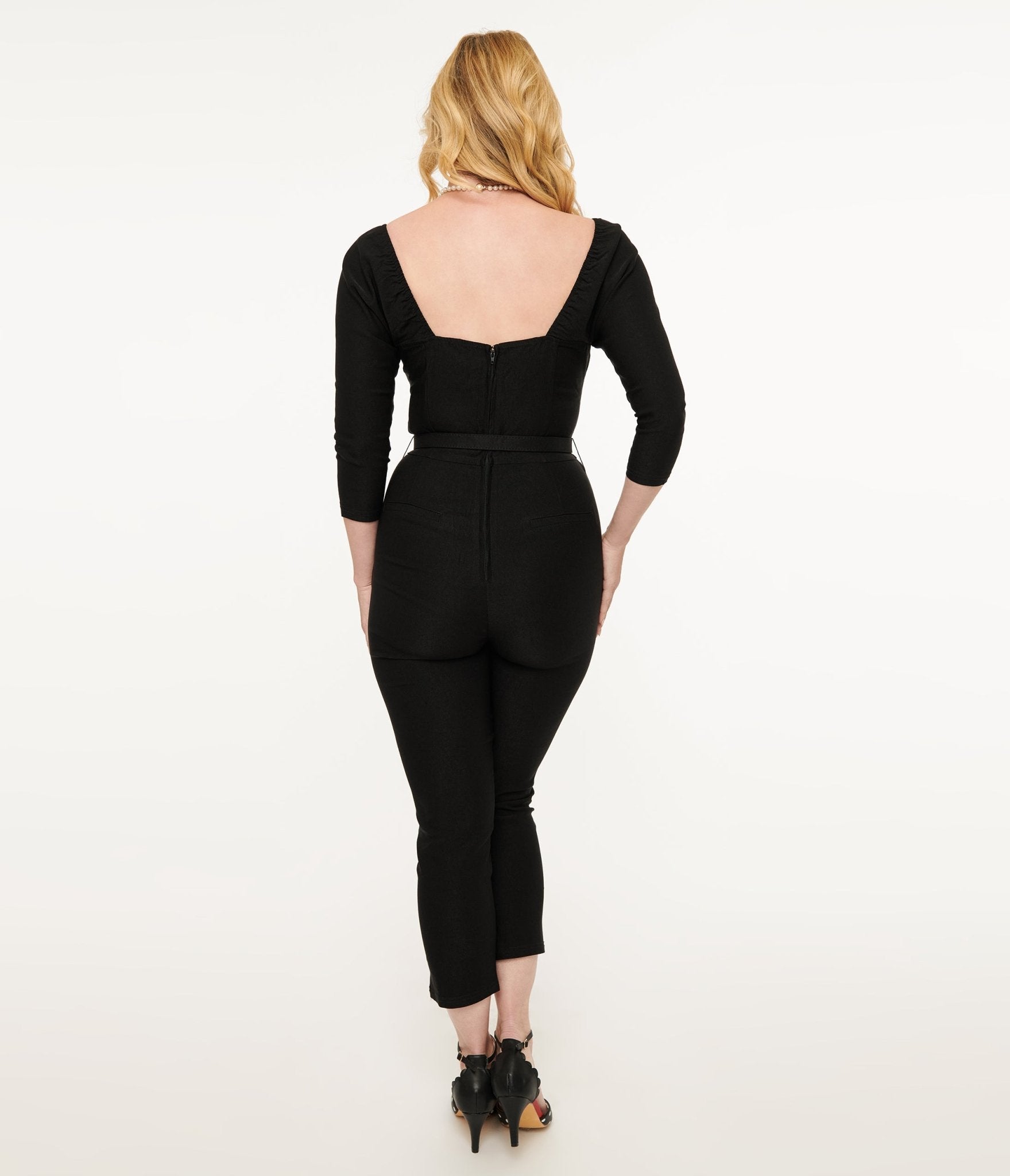 Vintage 1950s Black Bow Bengaline Jumpsuit - Retro Pin-Up Style One-Piece Outfit for Women, Perfect for Cocktail Parties & Themed Events