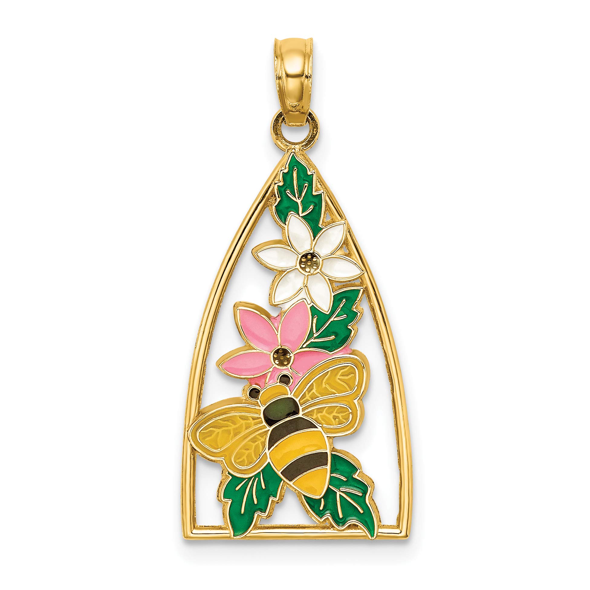 14K Yellow Gold Enameled Bumblebee & Floral Triangle Charm Pendant - 29.6mm for Necklace, Bracelet & Jewelry Making - Perfect Gift for Women & Bee Lovers