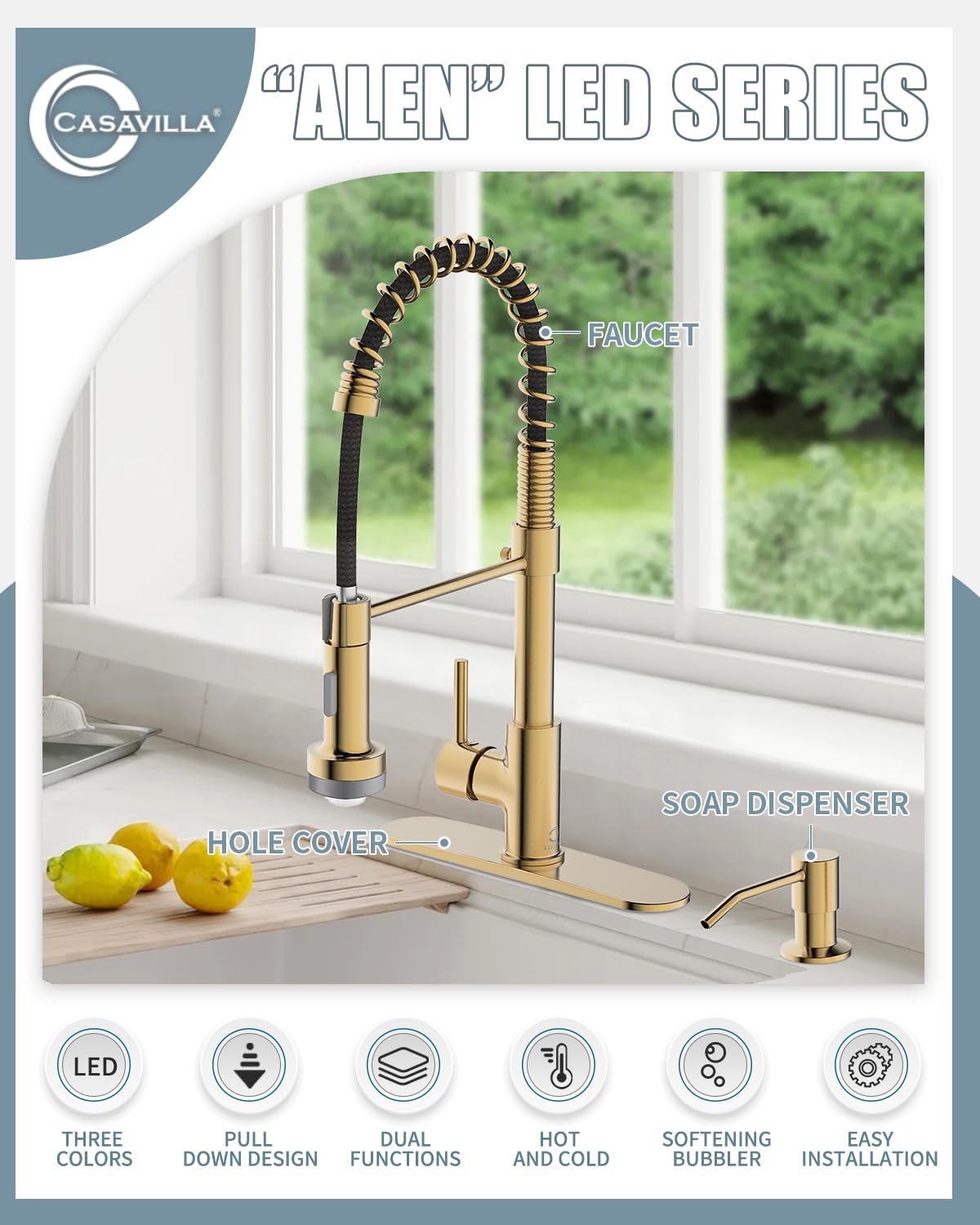 Brushed Gold LED Kitchen Faucet with Pull Down Sprayer, Soap Dispenser & Deck Plate - Single Handle Modern Faucet for RV, Camper, Farmhouse & Residential Kitchen Sinks | Perfect for Cooking, Washing Dishes & Food Prep