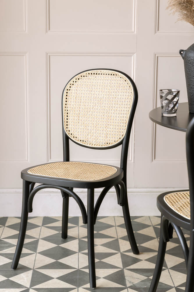 Chez Pitou Black Wood & Woven Cane Dining Chair - Mid Century Modern Style for Kitchen, Dining Room, and Restaurant Use