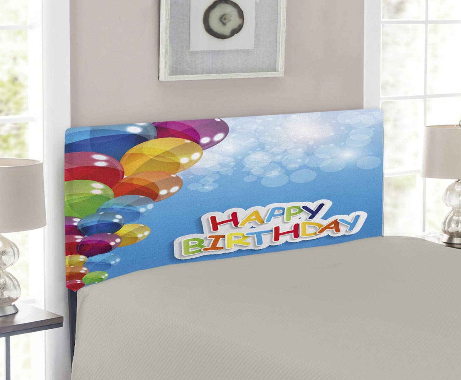 Ambesonne Vibrant Balloons & Sun Beams Abstract Headboard - Twin Size Upholstered Metal Bed Frame with Memory Foam | Birthday Party Room Decor, Kids Bedroom & Dorm Celebration Theme