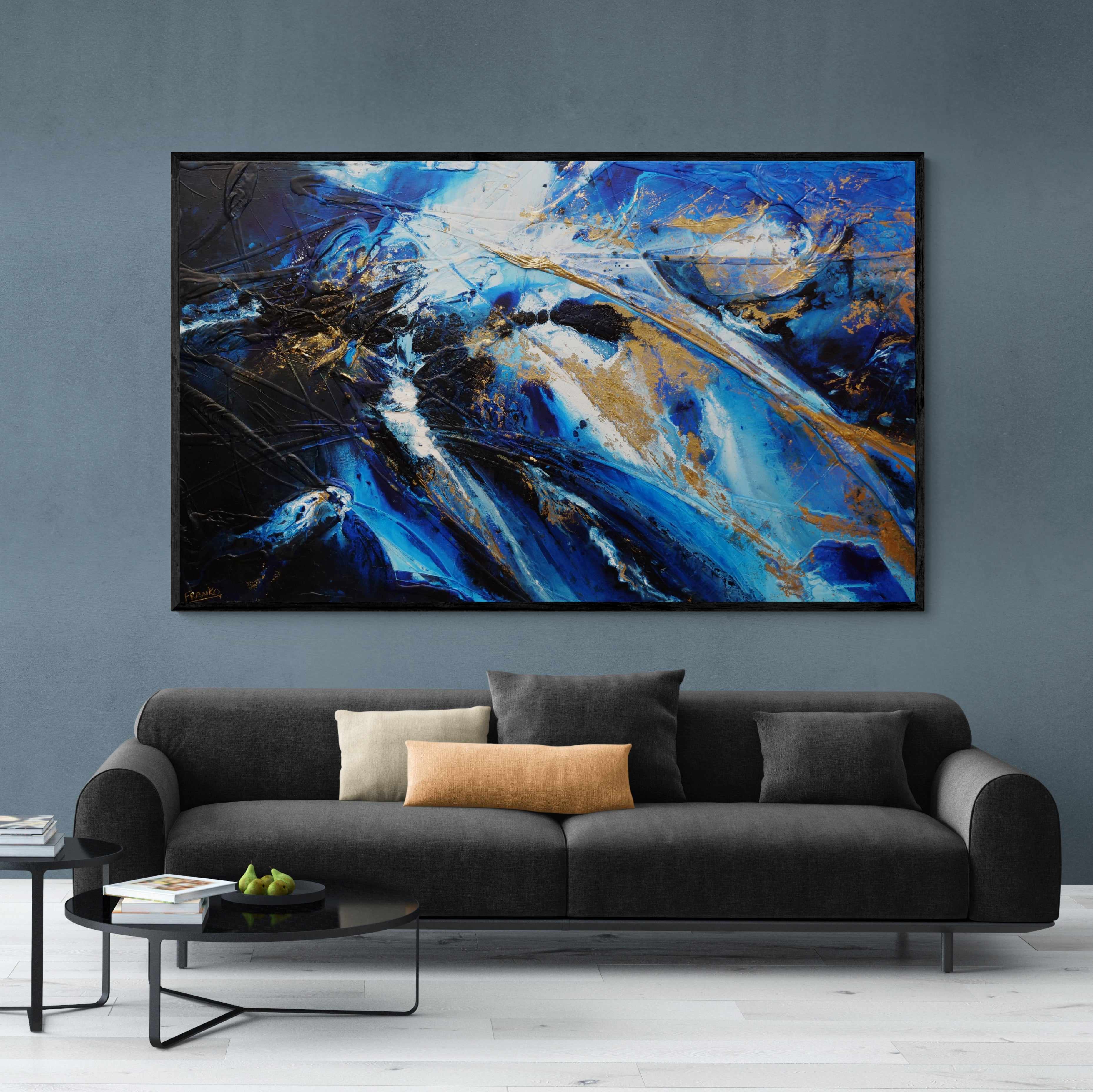 Golden Sapphire 200cm x 120cm Blue Gold White Textured Abstract Canvas Art - Modern Wall Decor for Living Room, Bedroom & Office