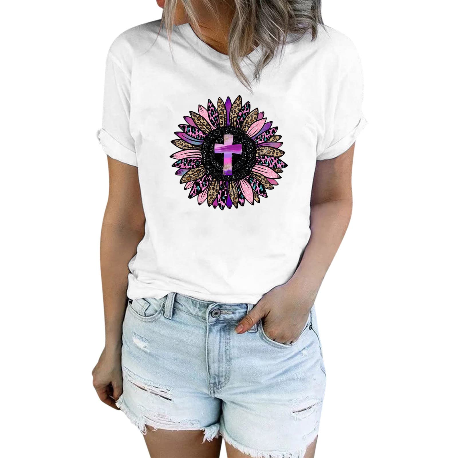Women's Sunflower & Dandelion Graphic T-Shirt - Cute Short Sleeve Summer Tee Top for Casual Wear, Outfits & Everyday Basics | Perfect for Beach, Picnic & Outdoor Activities