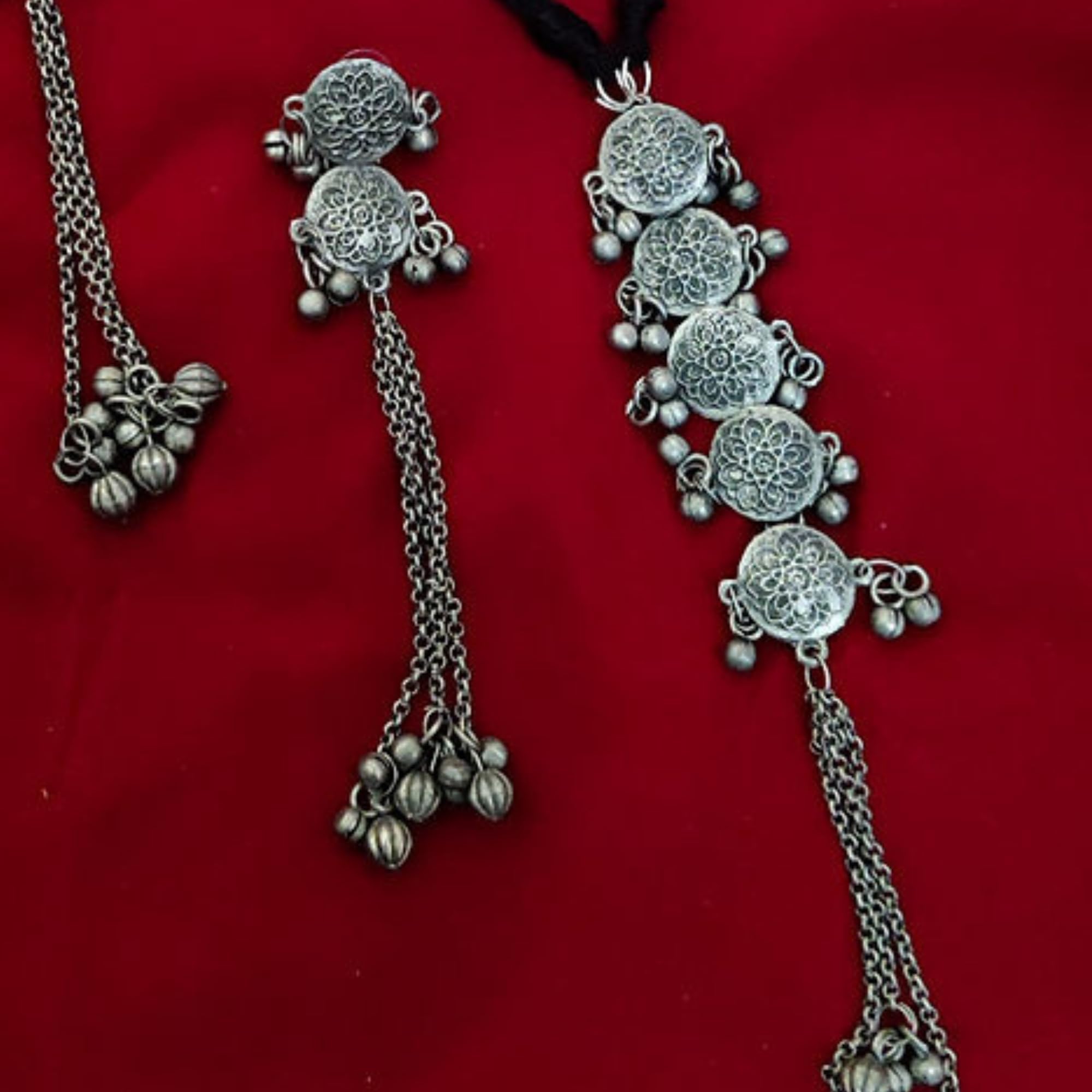 Oxidized Silver Long Necklace with Tassels & Earrings | Traditional Afghani Jewelry Set for Women & Girls | Handmade Floral Pendant Necklace | Perfect for Weddings, Parties & Ethnic Fashion