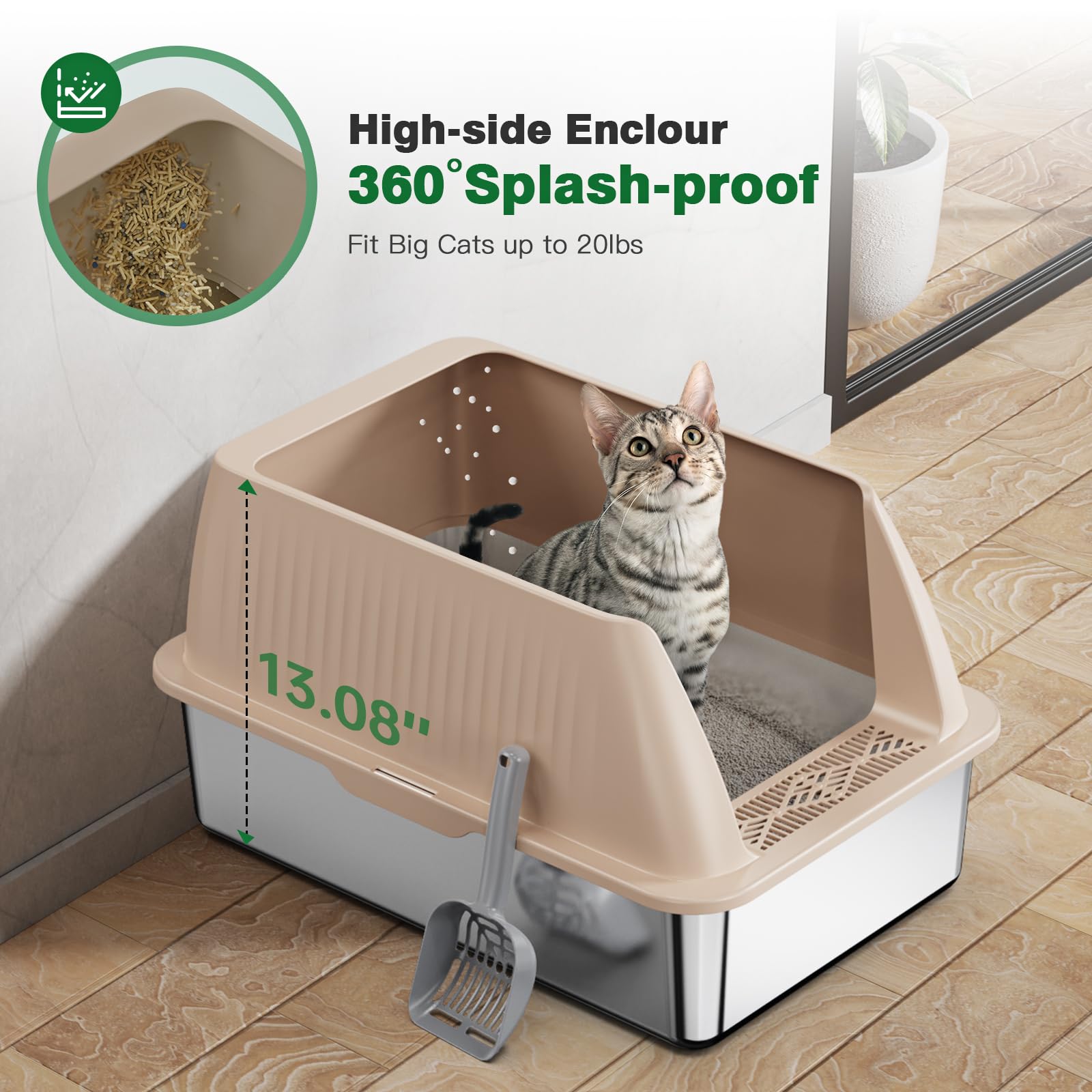 XL Stainless Steel Cat Litter Box with Lid - 14