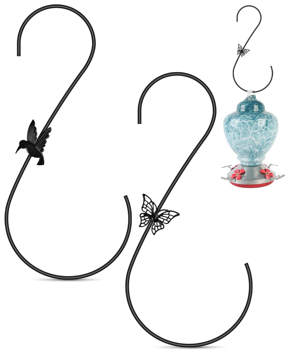 PACETAP 12-Inch Heavy Duty Metal Bird Feeder Hangers (2PCS) - Outdoor Plant Hooks for Hummingbird Feeders, Hanging Plants, Wind Chimes & Christmas Decorations (Black) - Perfect for Garden, Patio and Backyard Decoration