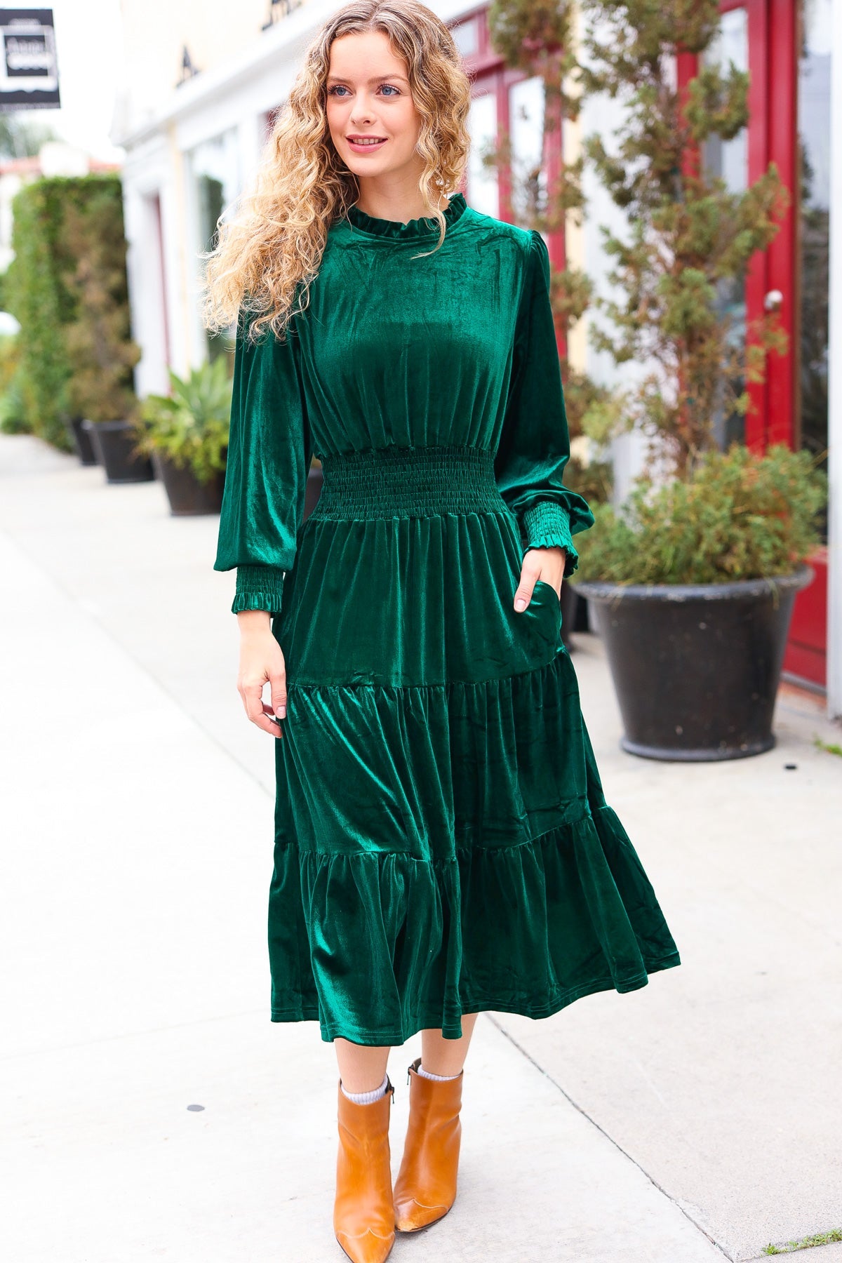 Holiday Dreaming Hunter Green Velvet Mock Neck Smocked Waist Dress for Women - Elegant Holiday Party & Christmas Dinner Outfit