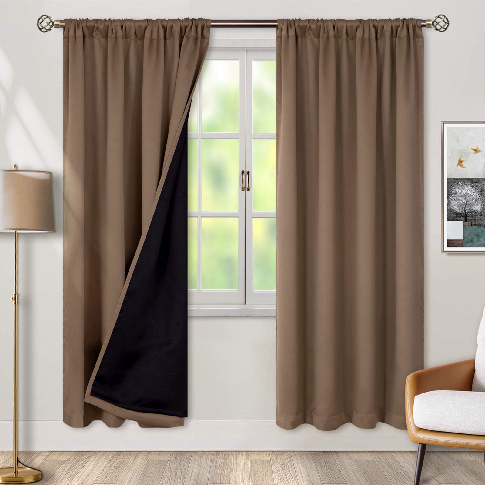 BGment Thermal Insulated Blackout Curtains - 100% Room Darkening, Noise Reducing, Energy Saving - Double Layer with Black Liner - Rod Pocket Design (42x84 Inch, Taupe, 2 Panels) - Perfect for Bedroom, Nursery, Home Theater & Office Privacy
