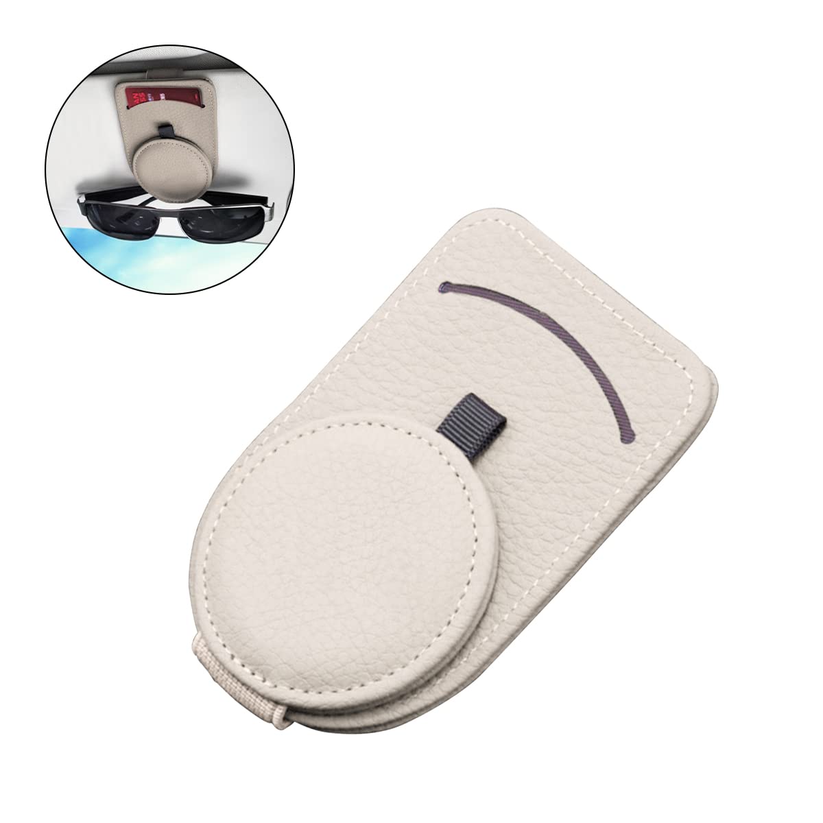 Fekey&JF Magnetic Leather Car Sunglass Holder - Strong Magnet Clip for Sun Visor, Eyeglasses Storage Mount for Cards & Accessories (Beige) | Perfect for Driving, Travel & Organizing Glasses in Vehicle