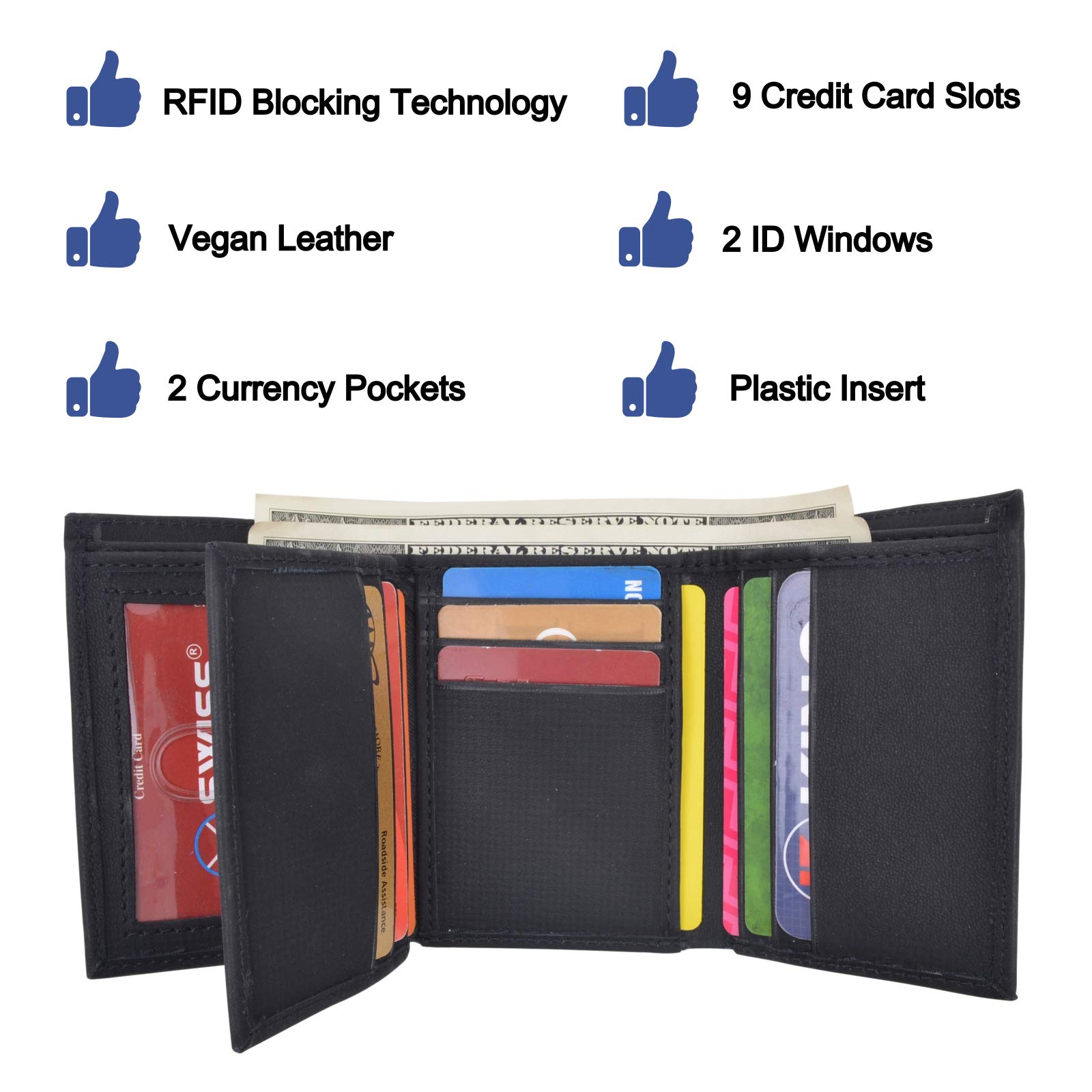 Vegan Leather RFID Blocking Trifold Wallet for Men with 2 ID Windows & Extra Card Slots - Slim Minimalist Design for Everyday Carry, Travel & Business Use