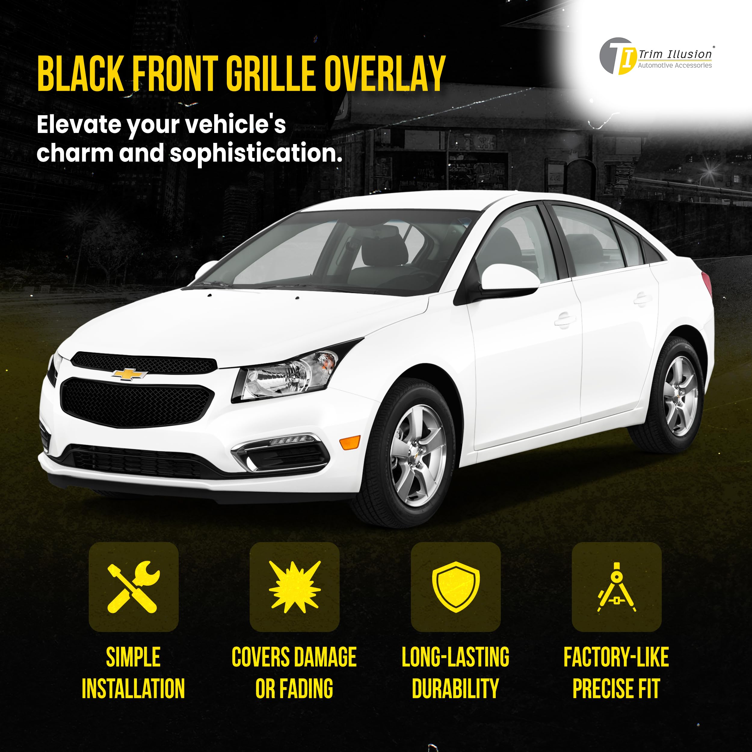 Patented ABS6423BLK 2-Piece Gloss Black Grille Overlay Insert for 2015-2016 Chevy Cruze LS/LT/LTZ - Easy Tape-On Installation, Durable ABS Material - Upgrade Your Car's Front Grille for Enhanced Style & Protection
