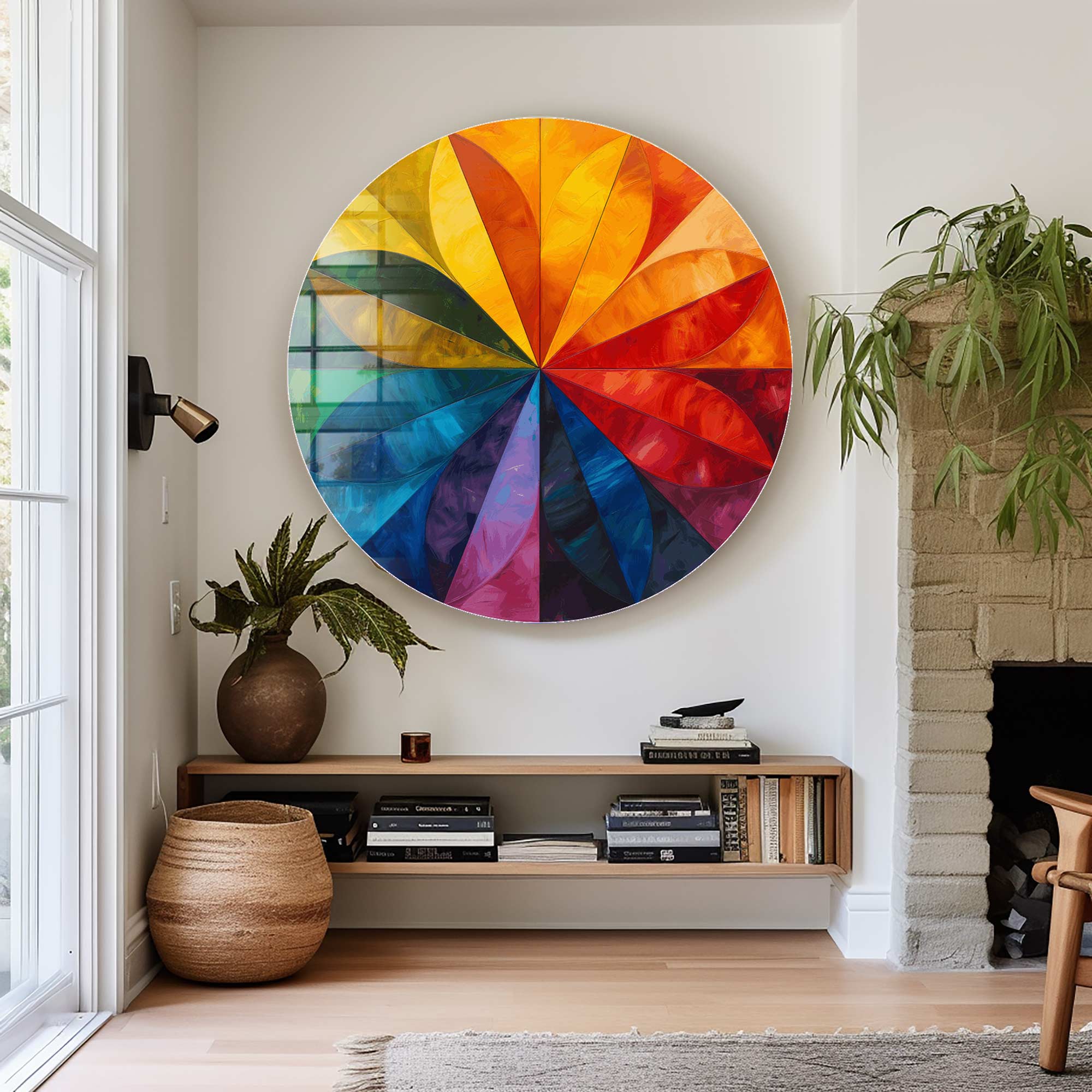 Vibrant Rounded Glass Wall Art with Floral Design - Elegant Home Decor for Living Room, Bedroom & Office