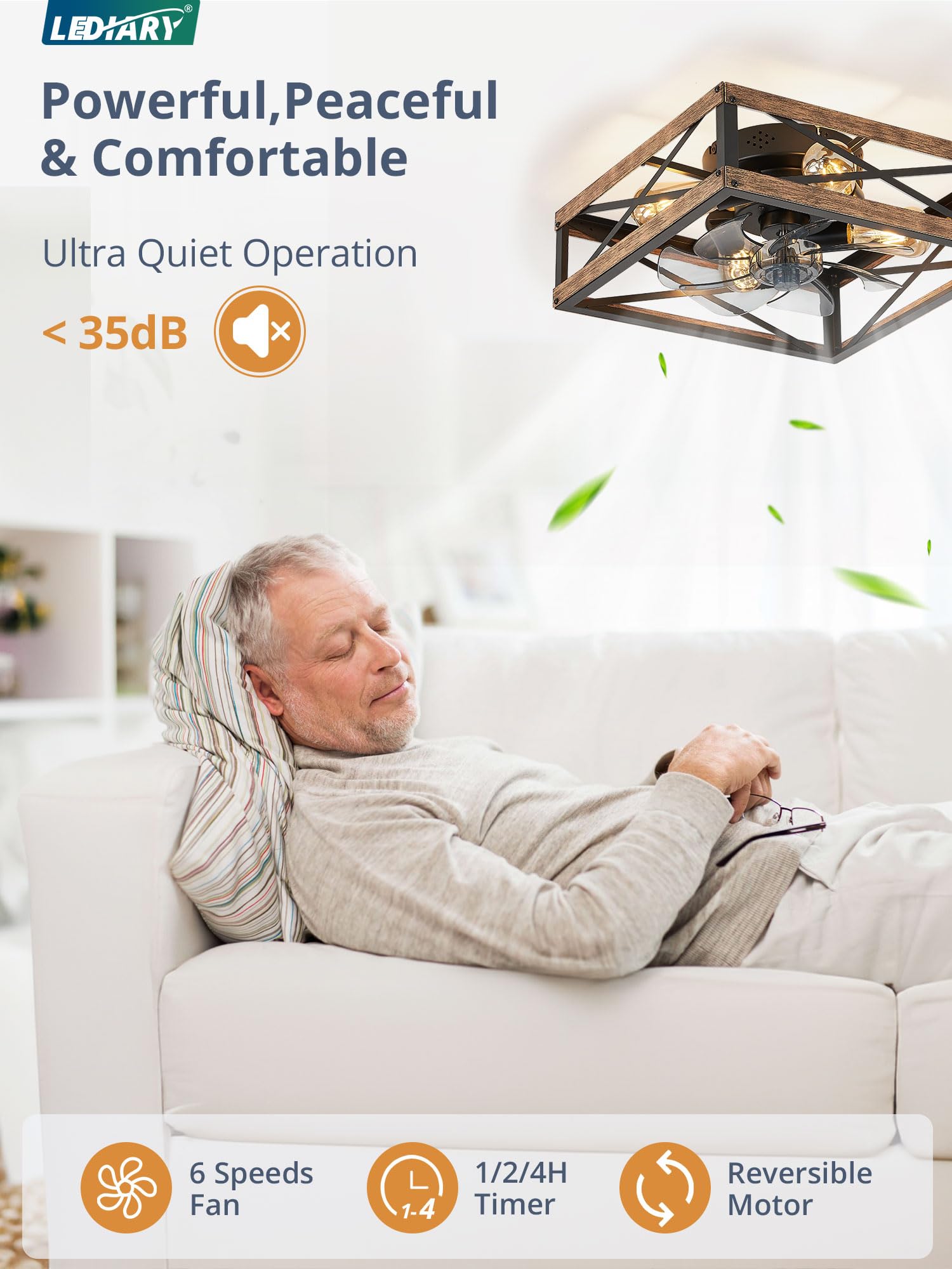 LEDIARY Rustic Square Flush Mount Ceiling Fan with Lights - 6 Speed Reversible Bladeless Design, Remote Control Included - Perfect for Bedroom, Kitchen, Dining Room & Small Farmhouse Spaces | Energy Efficient & Quiet Operation