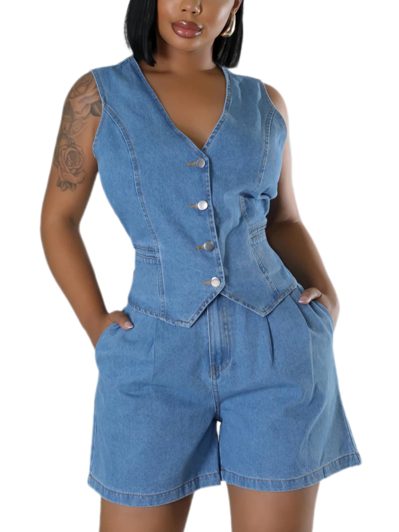Stylish KSOTUTM Denim Outfit for Women - Button Front Denim Vest Top & High Waist Jean Shorts Set | Casual Summer Outfit, Streetwear Fashion, Party Wear
