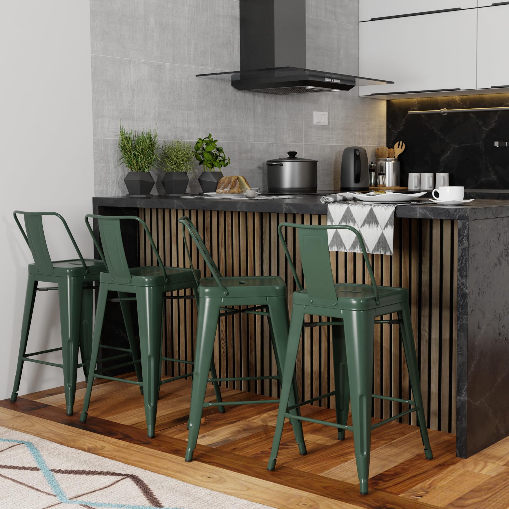 SIMPLIHOME Rayne 24 Inch Metal Counter Height Bar Stools, Set of 4, Deep Sage Green - Modern Kitchen Island & Dining Room Stools for Breakfast Nook, Bar Counter & Home Decor