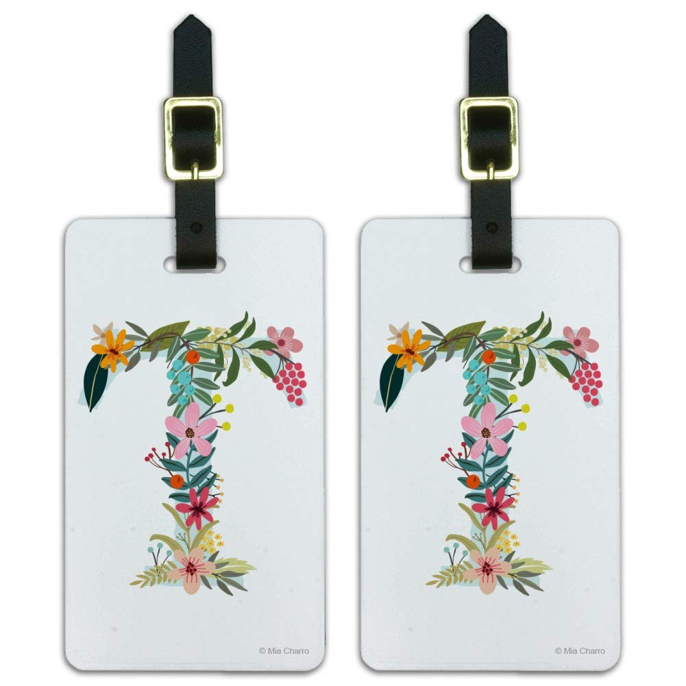 Floral Monogram Letter T Luggage Tags - Set of 2 Personalized Initial ID Cards for Carry-On Bags, Suitcases & Travel Accessories - Perfect for Airports, Vacations & Business Trips