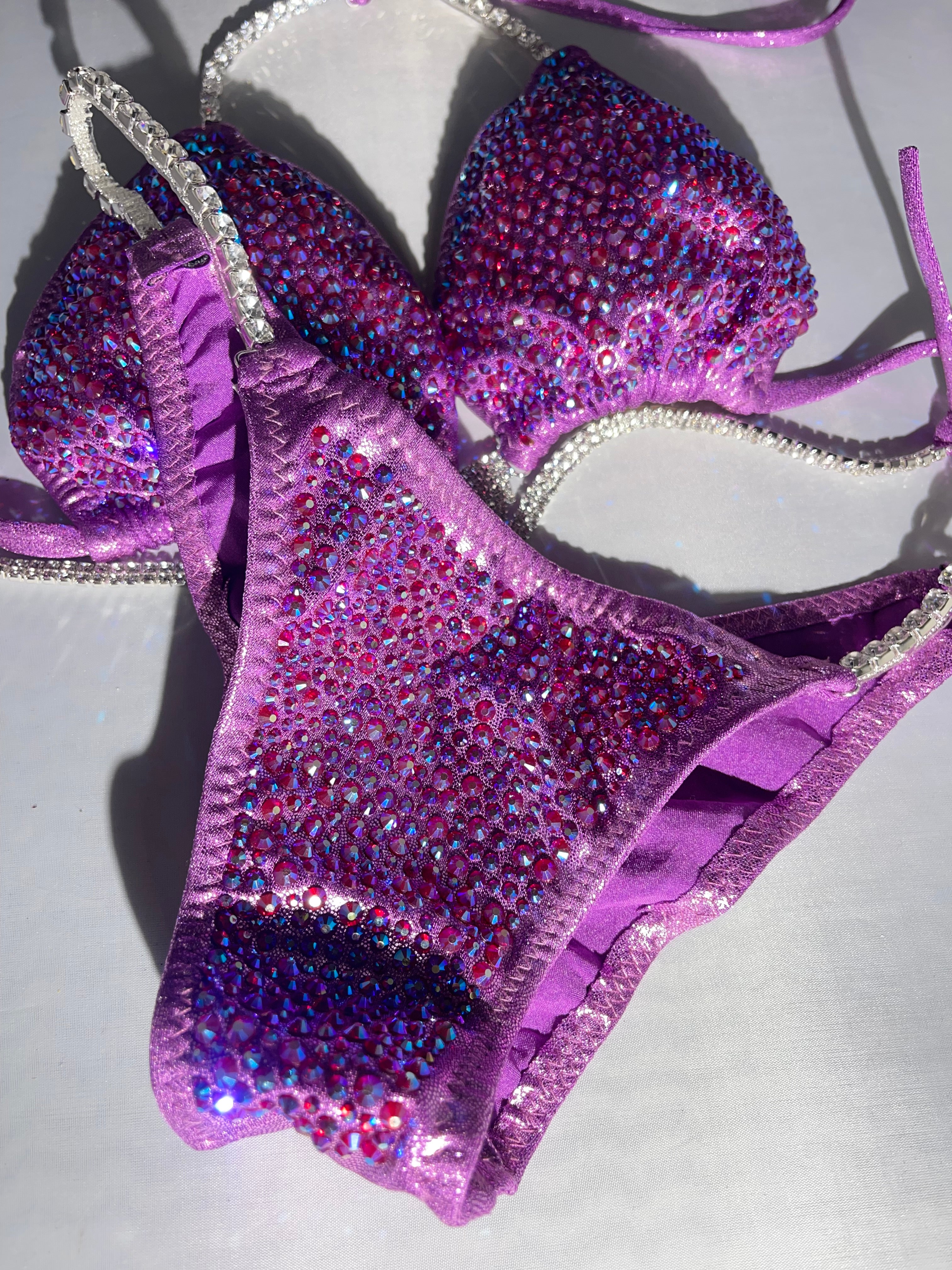 Lavender Lilac Purple Bikini Competition Swimsuit with Stunning Crystal Rhinestone Back - Perfect for Beach, Pool, and Pageant Events