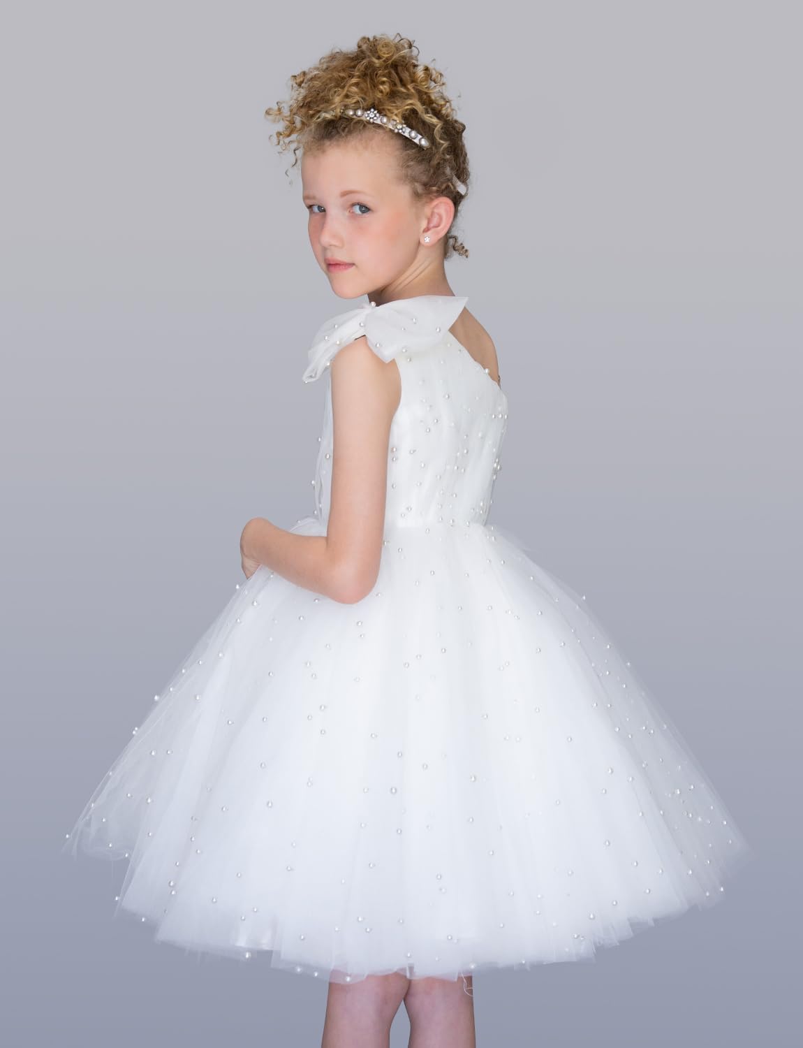 PLUVIOPHILY Girls' One Shoulder Pearl Tulle Flower Girl Dress - Elegant Princess Party Dress for Weddings, Birthday Celebrations & Special Occasions