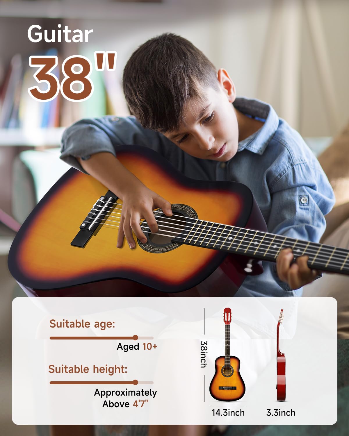 Moukey 38 Inch Acoustic Guitar for Beginners - Full Size Dreadnought Guitar Kit with Gig Bag, Tuner, Picks, Capo & Strap - Ideal for Kids, Youth & Adults - Perfect for Home Practice, Camping & Music Lessons (Sunburst)