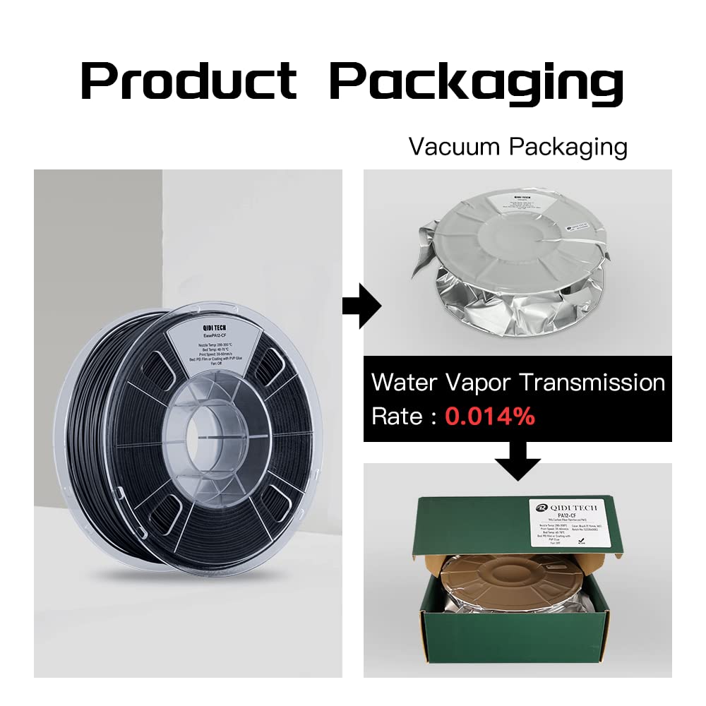QIDI TECHNOLOGY PA12-CF Carbon Fiber Nylon 3D Printer Filament 1.75mm 1Kg Spool - High Strength, Precision, Low Warpage & Moisture Sensitivity - Ideal for Functional Prototypes, Automotive Parts & Industrial Applications