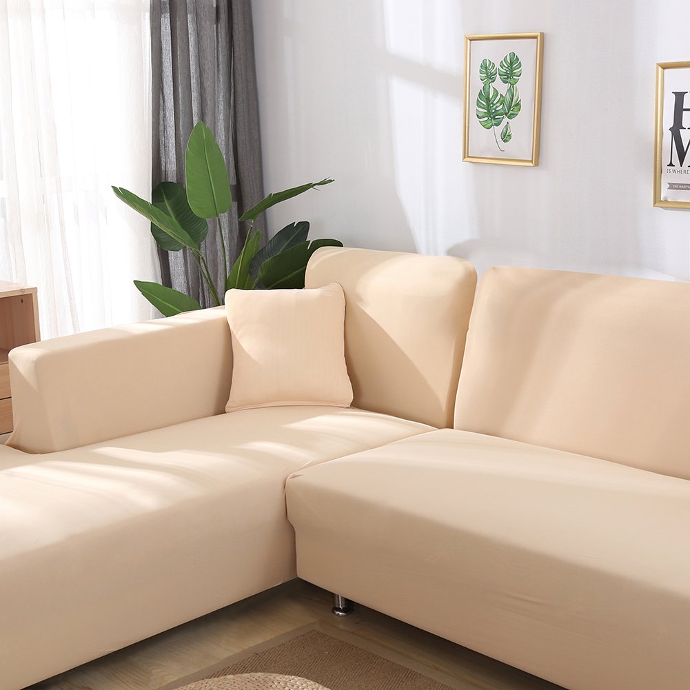 ELEOPTION 2-Piece Stretch Fabric Sectional Sofa Slipcover - Universal L-Shaped Couch Cover Protector with Gift Pillow (Pure Beige, Fits 4+3 Seater) | Perfect for Living Room, Family Room & Home Theater Furniture Protection