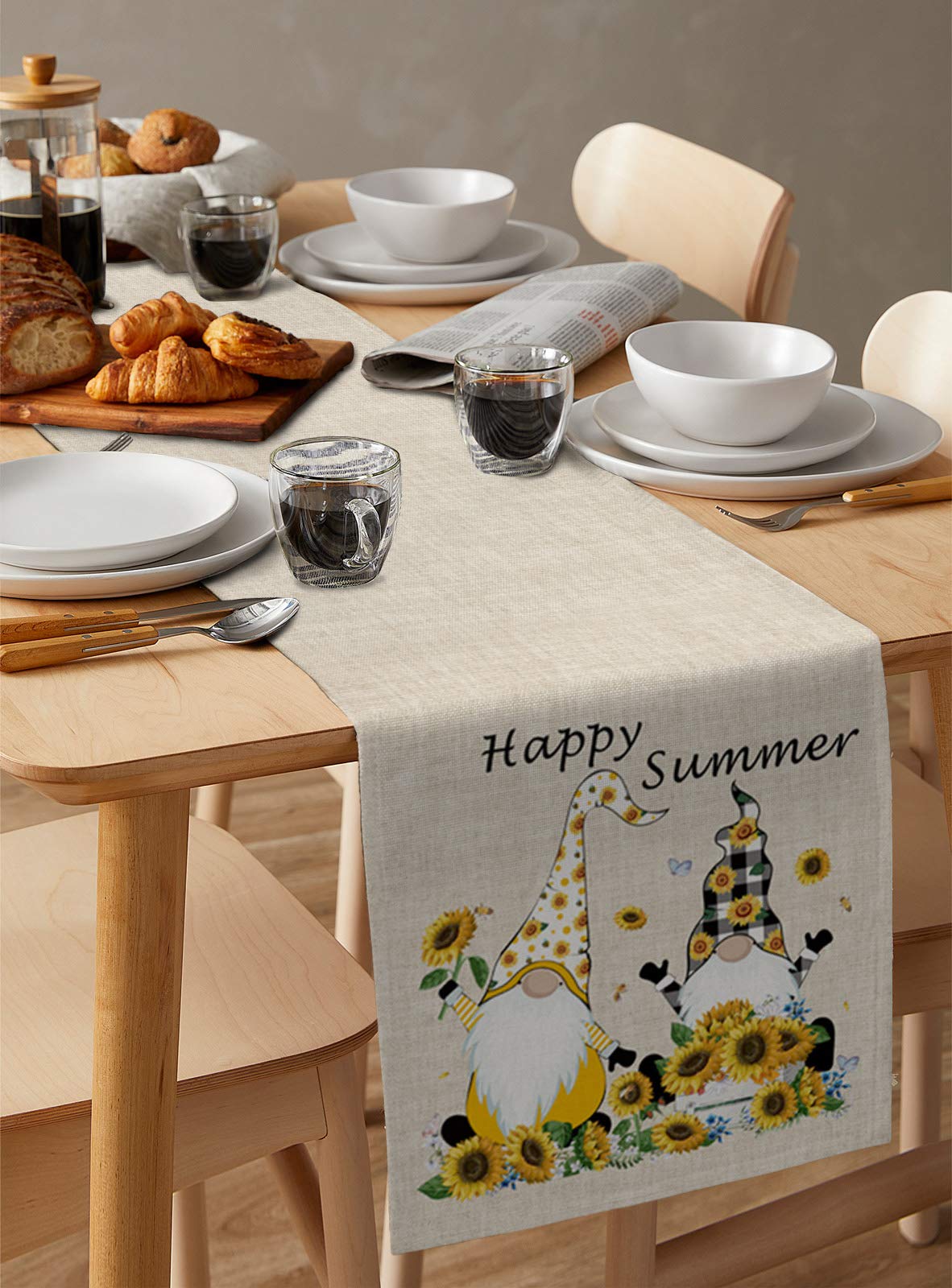 Sunflower Gnomes Hello Summer Table Runner - 108 Inch Long Farmhouse Burlap Dining Tablecloth for Coffee Table, Kitchen Island, Party Decor - Rustic Nature Home Decor - Perfect for Summer Gatherings, Picnics, and Farmhouse Themed Events (13