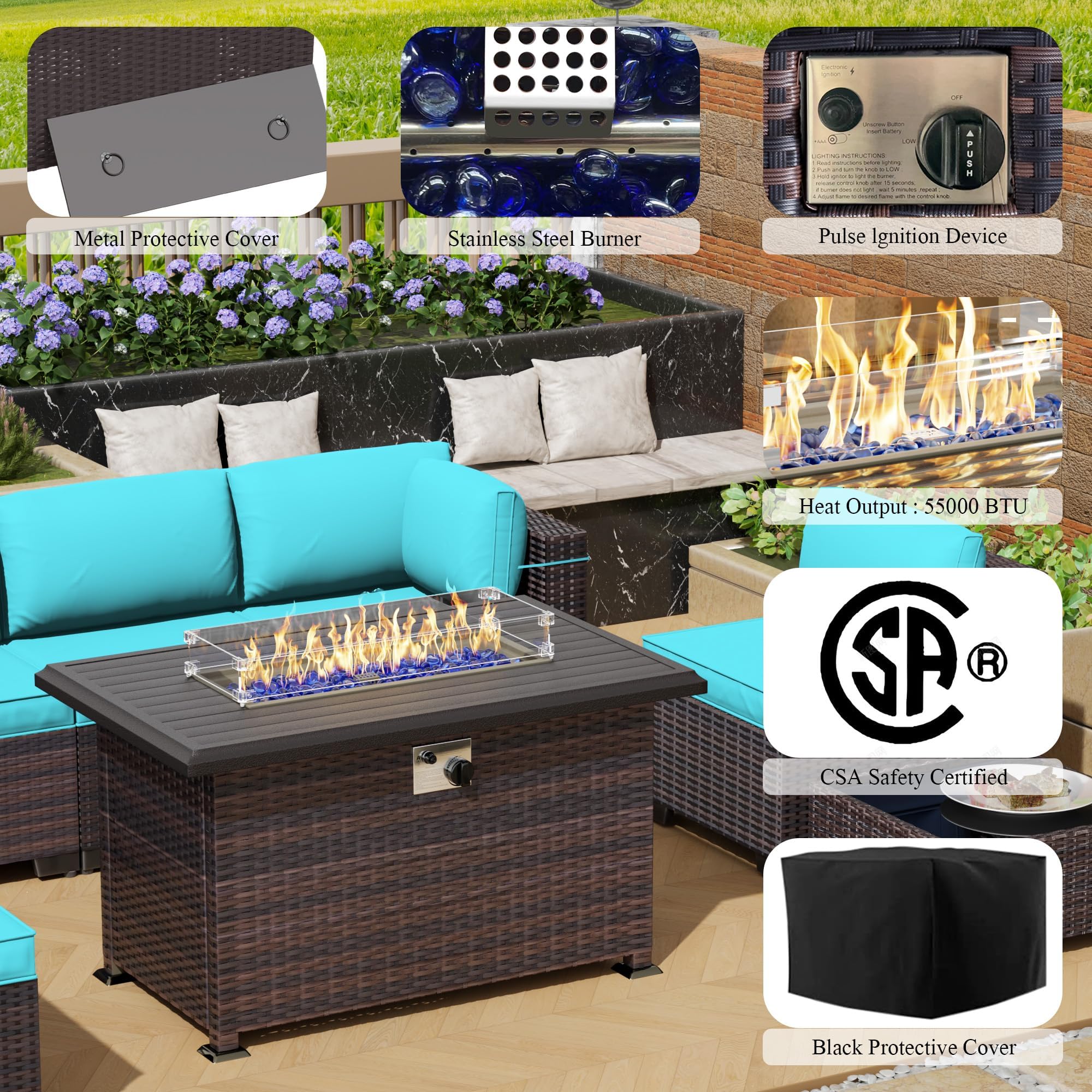 15-Piece Outdoor Patio Furniture Set with ETL-Approved Propane Fire Pit Table & Coffee Table - Blue Sectional Sofa Conversation Set for Backyard, Garden, Poolside & Deck Relaxation