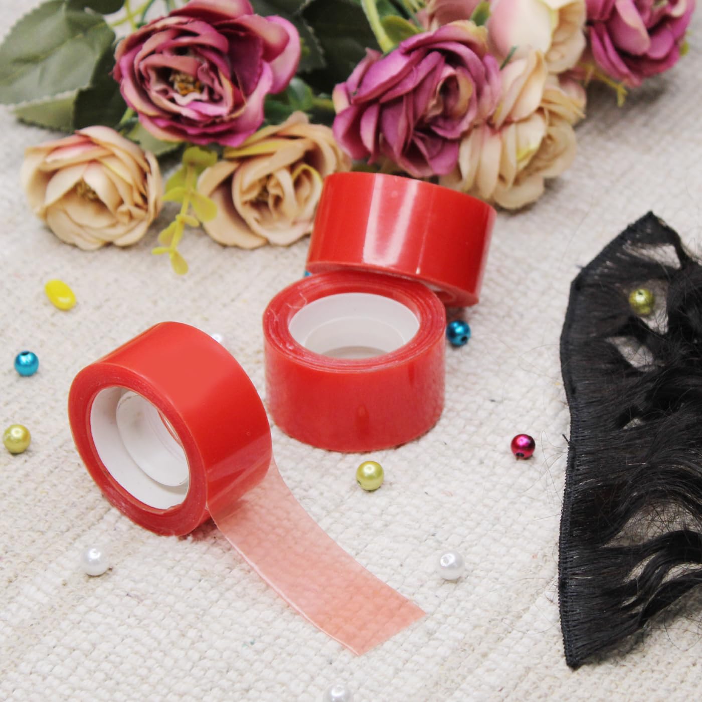 BOXO Transparent Double Sided Hair Wig Tape - Strong Hold for Hair Patch & Toupee - Red Color - Perfect for Daily Wear, Cosplay & Hair Replacement Solutions