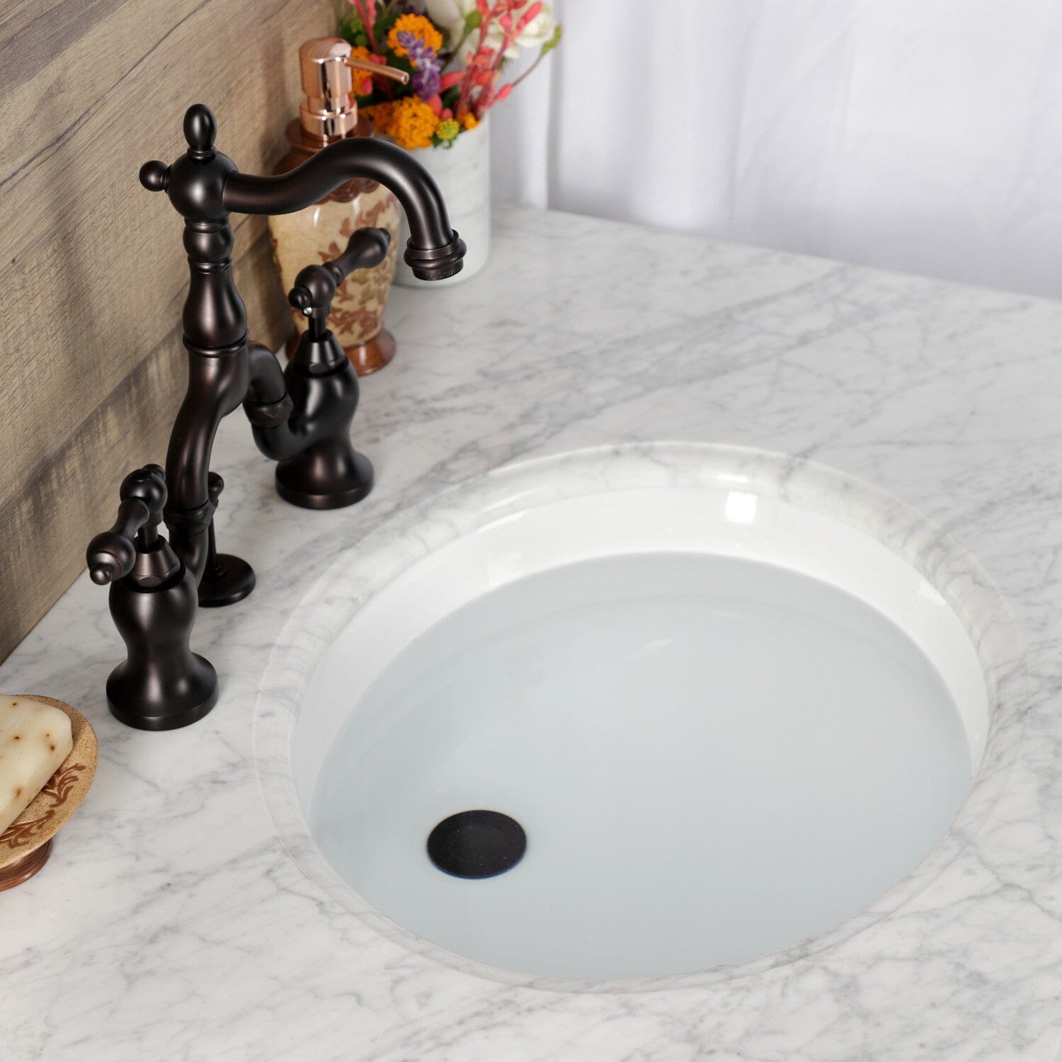 English Country Two-Handle 3-Hole Deck Mount Bridge Bathroom Faucet with Brass Pop-Up - Vintage Style Sink Faucet for Bathroom Vanity & Powder Room