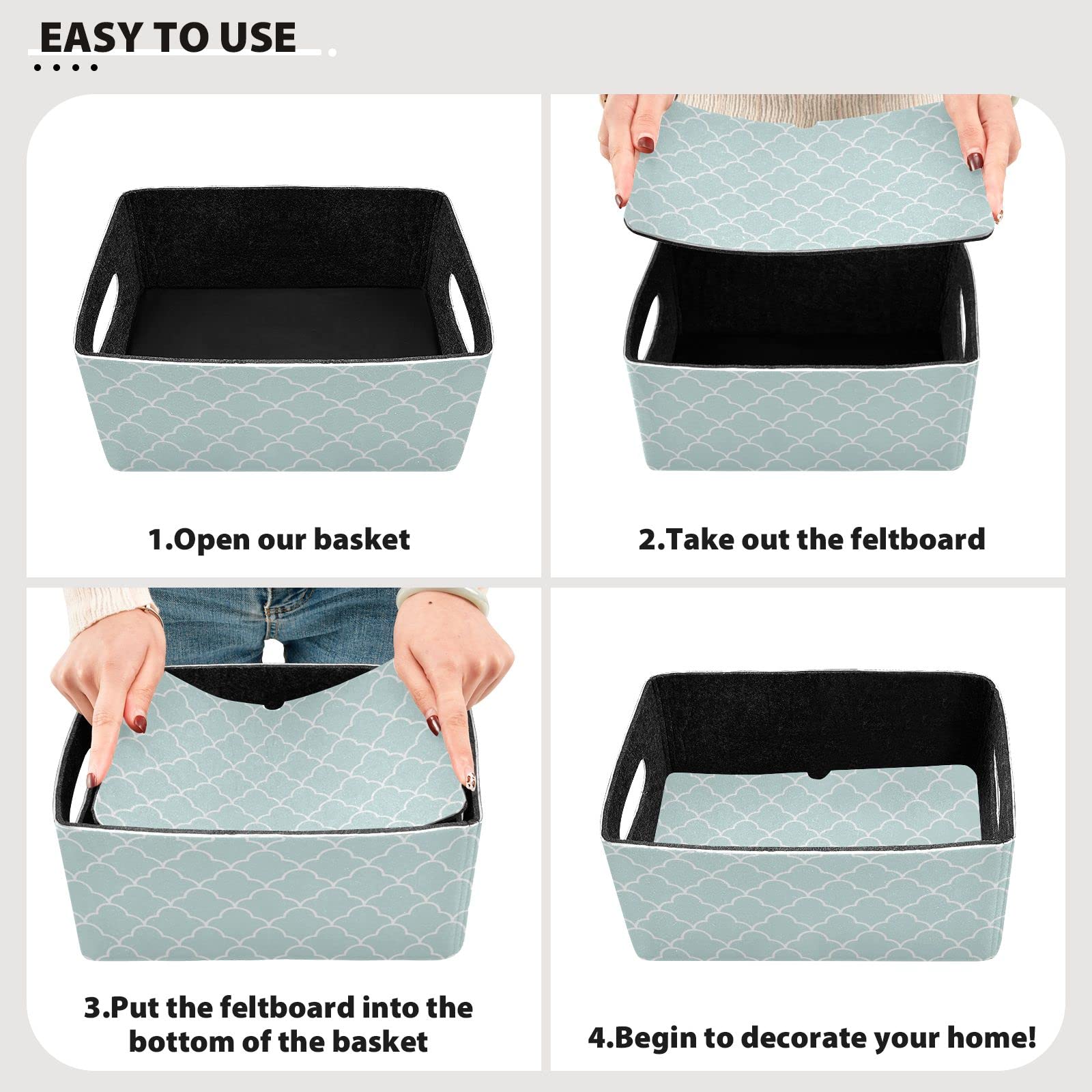 SHJI Teal Moroccan Quatrefoil Storage Basket - Set of 2 Collapsible Felt Organizer Bins for Closet, Nursery & Toy Storage | Foldable Hamper for Home Organization & Shelves Decor