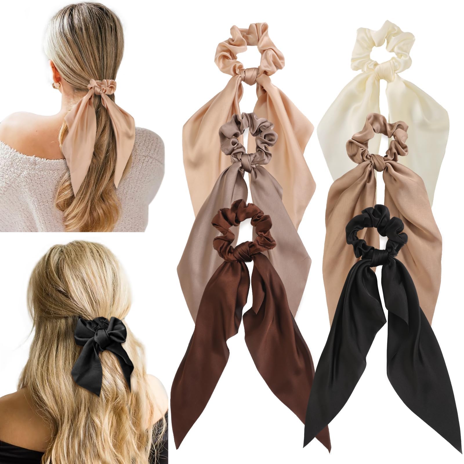 6 PCS Bow Silk Scrunchies for Women & Girls - Elegant Satin Hair Ties with Knotted Bows, Soft Elastic Hair Ribbon Accessories - Perfect for Daily Wear, Parties, Gifts & Holidays