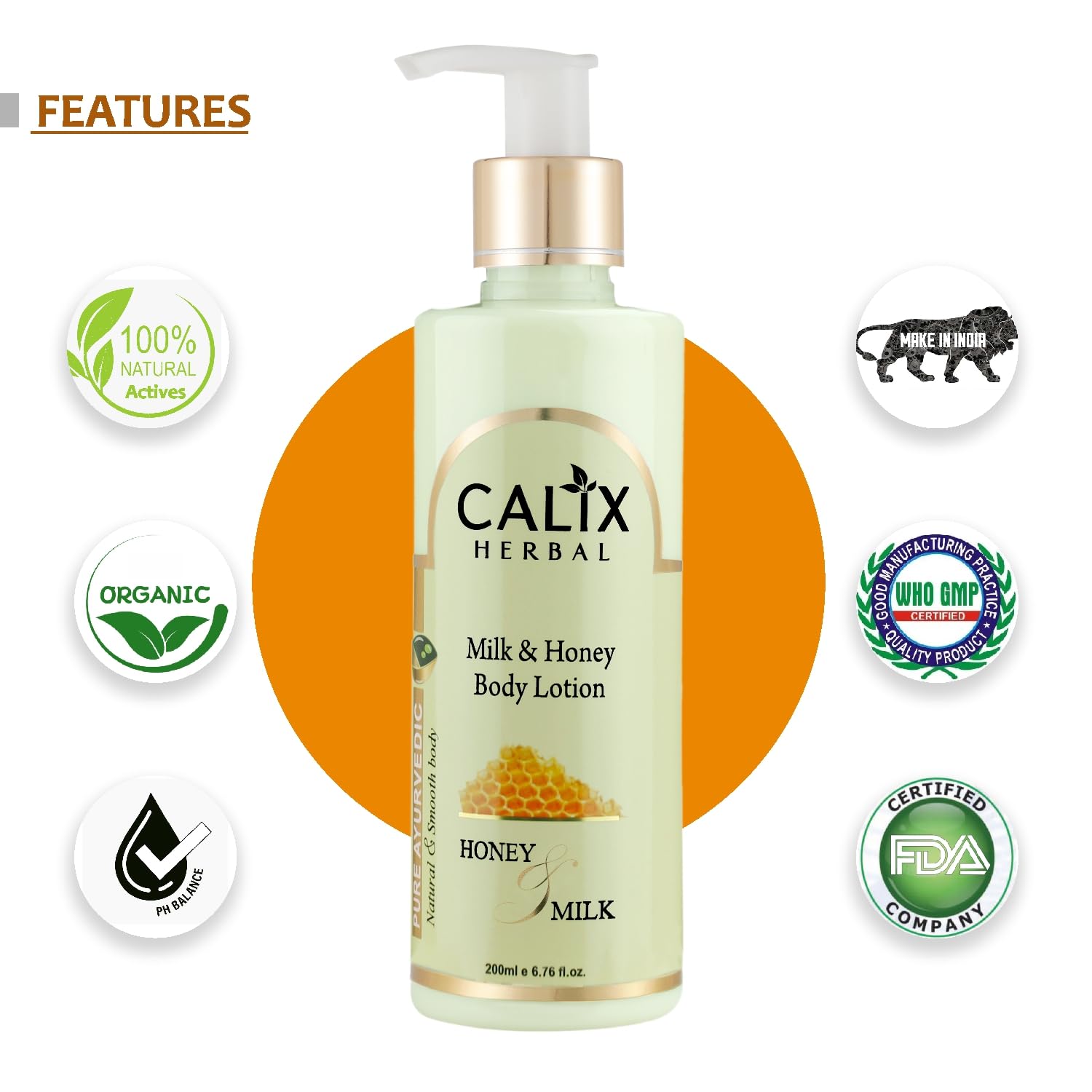 Calix Herbal Organic Ayurvedic Milk & Honey Body Lotion - Natural Moisturizer for Soft, Smooth Skin | Women & Men | All Seasons | 200ml | Perfect for Daily Hydration & Dry Skin Care