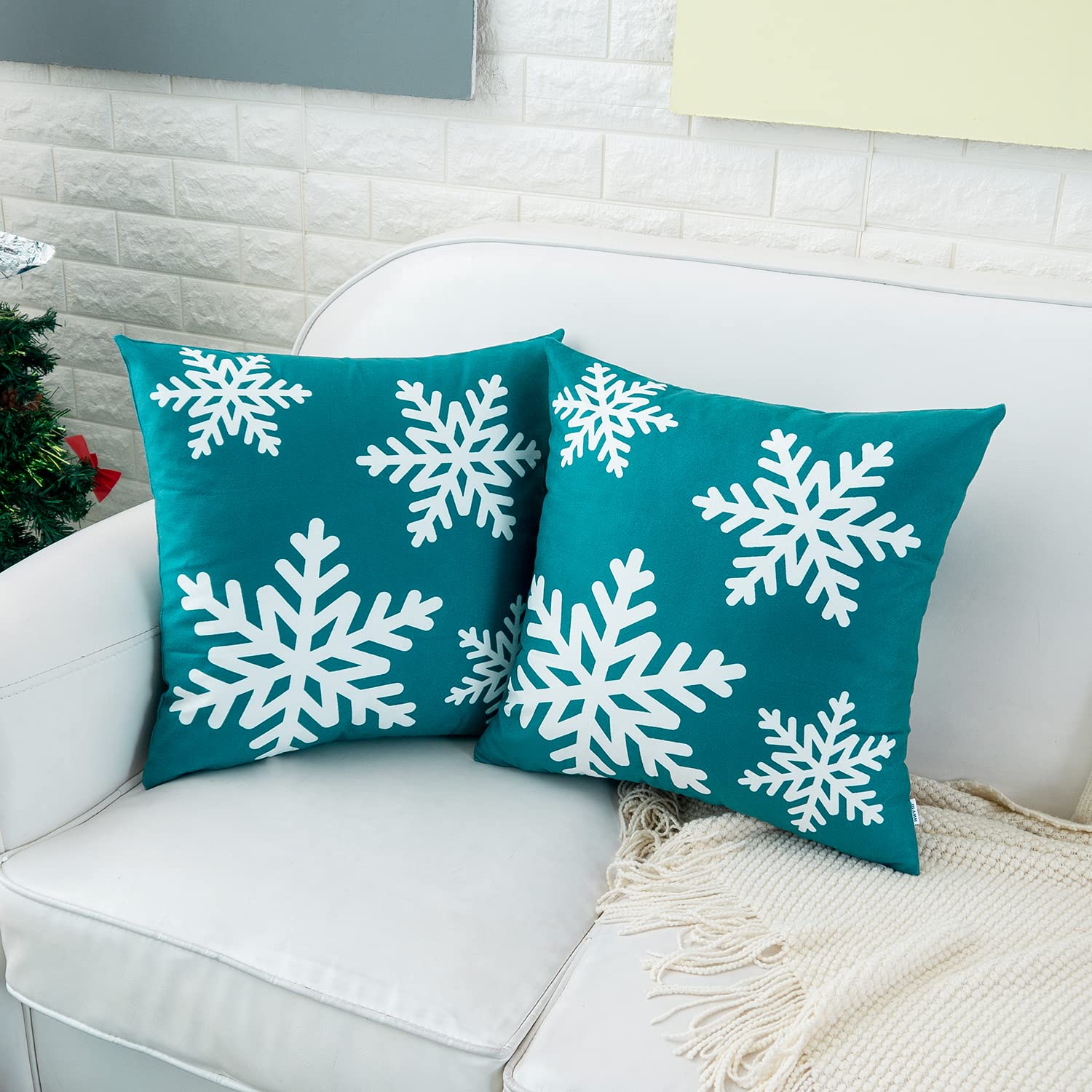 HWY 50 Teal Decorative Throw Pillow Covers 16x16 Inch - Soft Square Cushion Covers with Christmas Snowflakes Pattern (Pack of 2) for Sofa, Living Room, Bed - Perfect for Holiday Decor & Cozy Home Accents