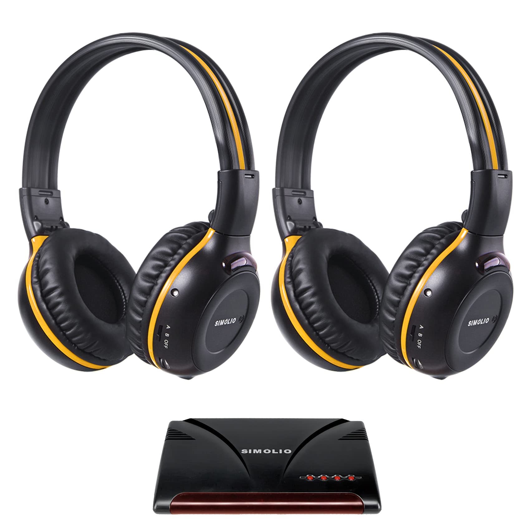 SIMOLIO Dual Channel IR Transmitter with Optical Input & 2 Pack Wireless IR Headphones for Car TV/DVD - On-Ear Wireless Headset with EVA Case & AUX Cable - Perfect for Road Trips, Family Travel and In-Car Entertainment Systems