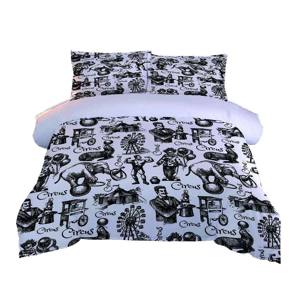 Soft & Breathable Microfiber Duvet Cover Set - Black Circus Print (California King 98x104 inches) with Zipper Closure & 2 Pillow Shams | Perfect for Modern Bedrooms, Guest Rooms & Circus-Themed Decor