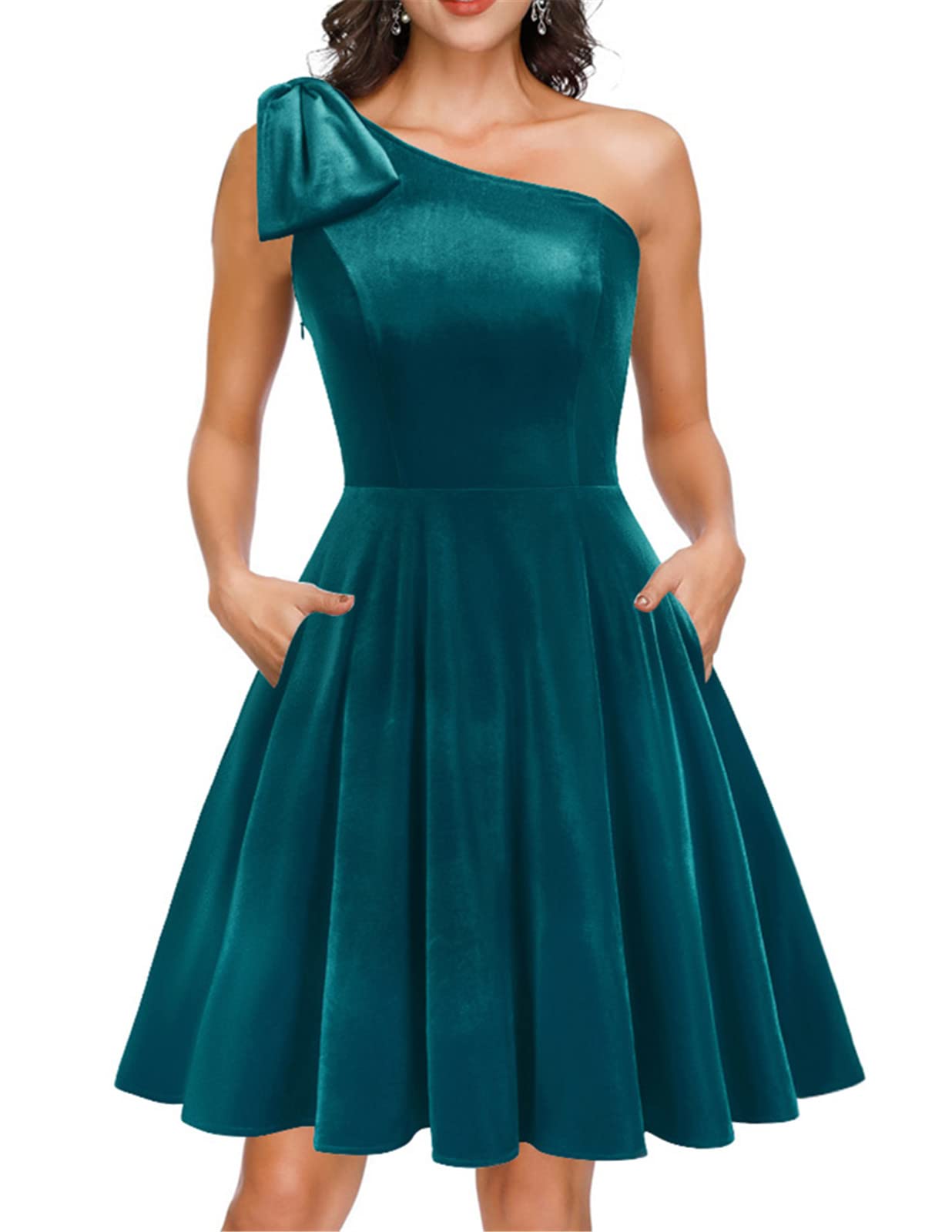 JASAMBAC Women's One Shoulder Bow A-Line Cocktail Dress with Pockets - Elegant Party, Wedding Guest & Special Occasion Outfit