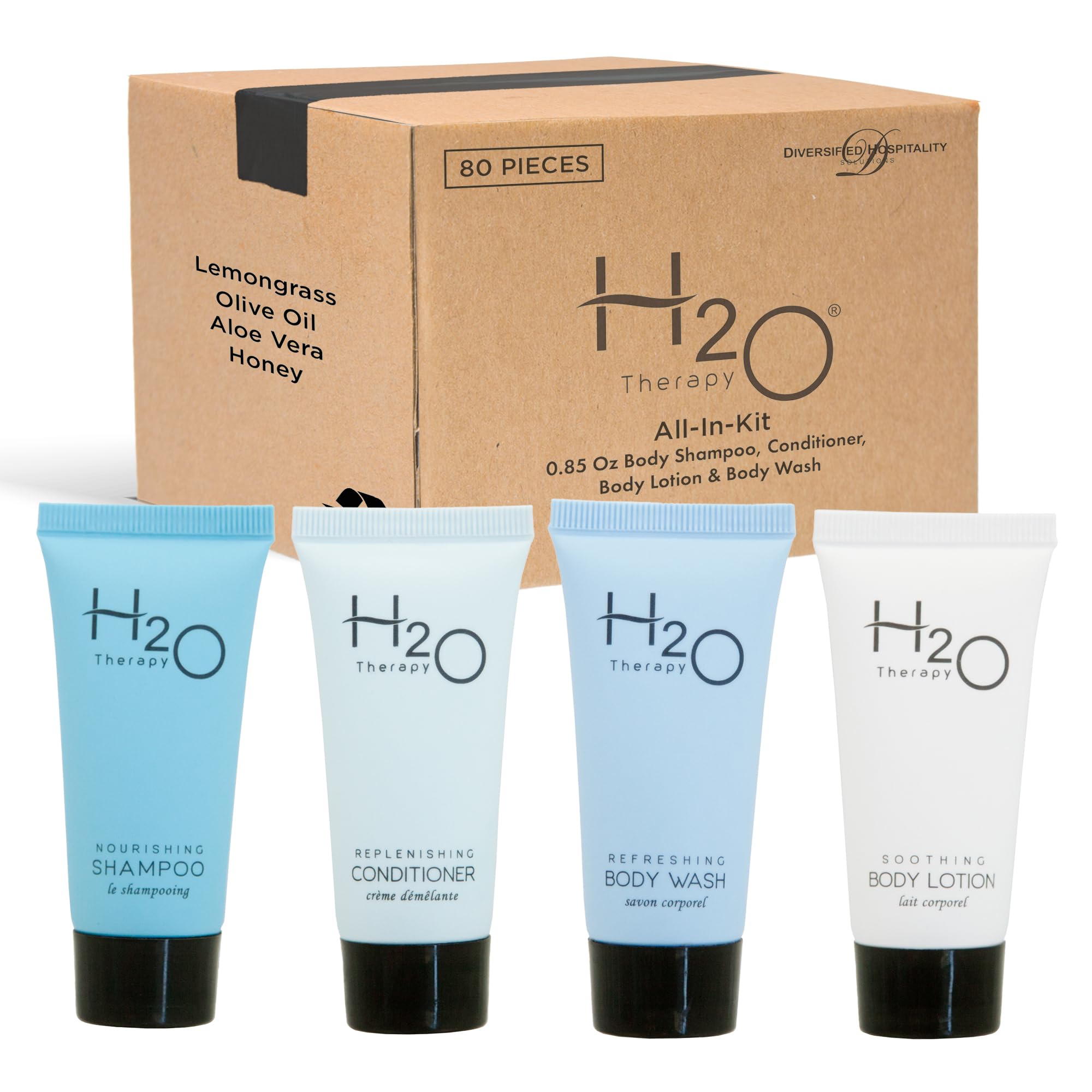H2O Therapy Travel Size Toiletries Set - 80 Pcs .85oz Hotel Shampoo, Conditioner, Body Wash & Lotion + 100 Pcs Cleansing Soap Bars | Bulk Personal Care Essentials for Hotels, Gyms, Spas & Travel