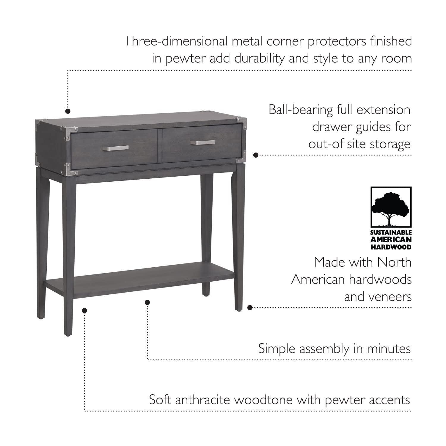 Leick Home Beckett One Drawer Hall Stand with Shelf - Entryway Storage Organizer for Living Room, Hallway & Foyer - Anthracite/Pewter Finish - Perfect for Small Spaces, Keys, Mail & Decor