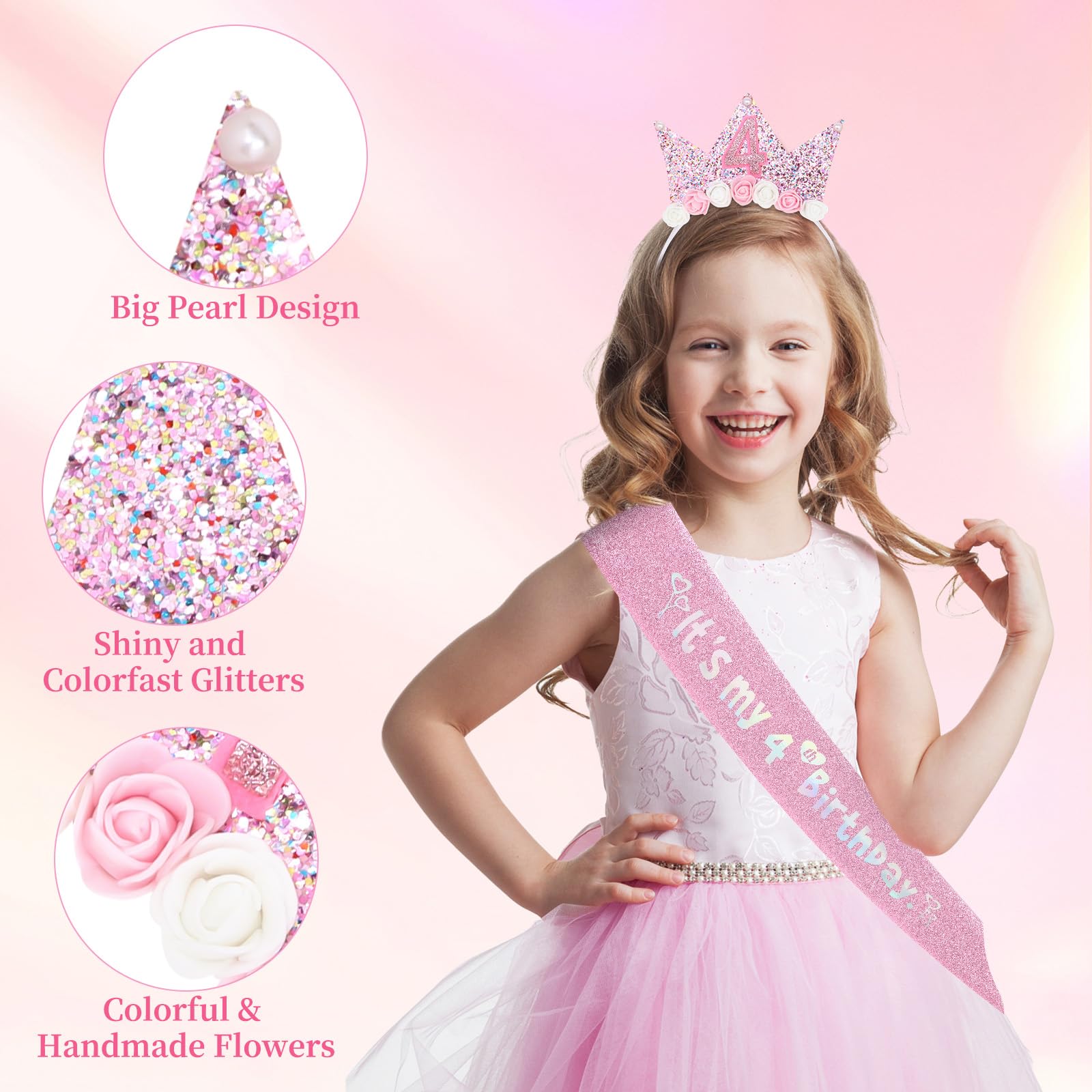 YARIEW 4th Birthday Party Decorations for Girls - Glitter Tiara, Flower Princess Crown Headband & Birthday Sash Set - Perfect for 4th Birthday Celebrations, Photo Shoots & Princess Themed Parties