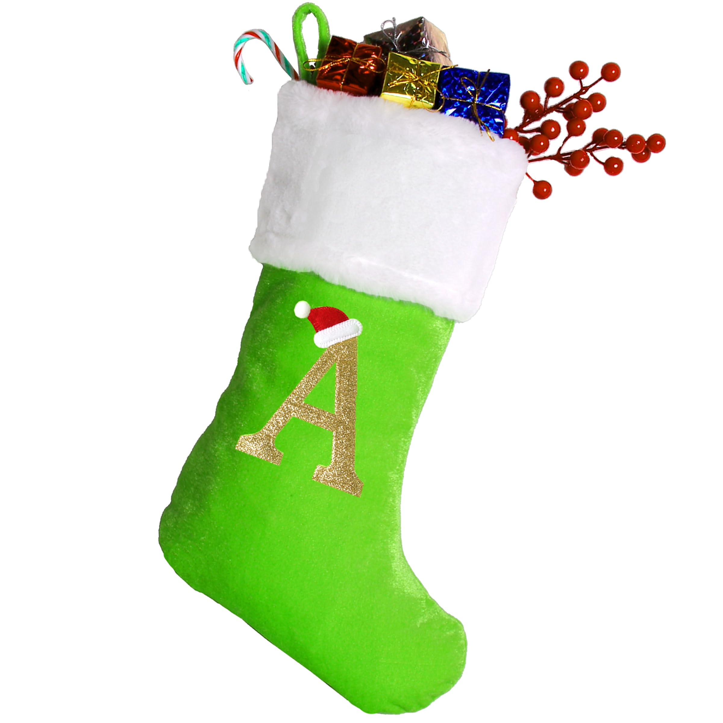 Personalized 20-Inch Monogram Christmas Stockings - Large Green Velvet Holiday Stockings with Soft Plush Cuff - Perfect for Fireplace, Xmas Tree & Holiday Decorations (Custom Letters Available)