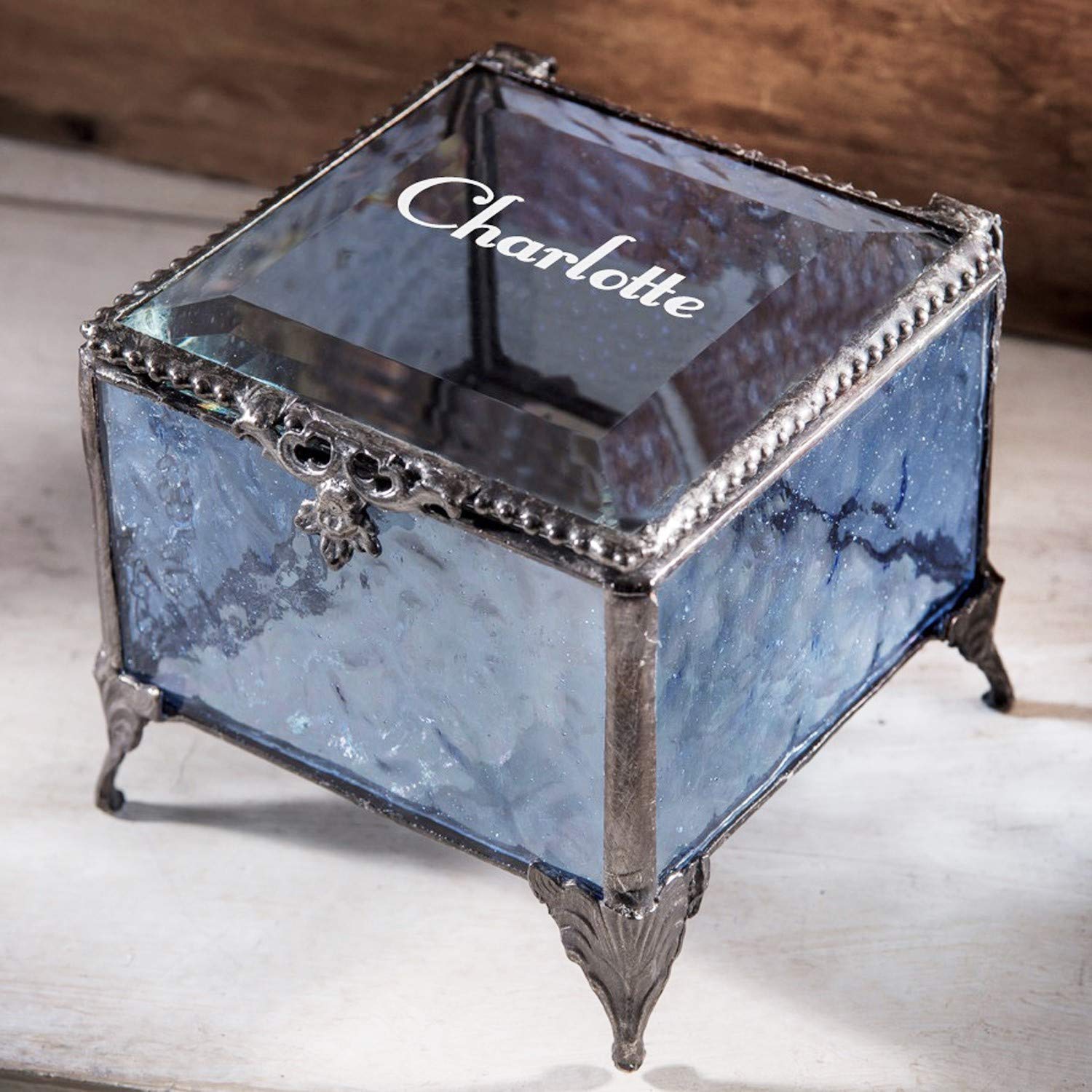 Personalized Engraved Jewelry Box with Stained Glass - Decorative Vanity Display Keepsake Gift for Women - Blue EB217-1 - Perfect for Wedding, Anniversary & Birthday Presents