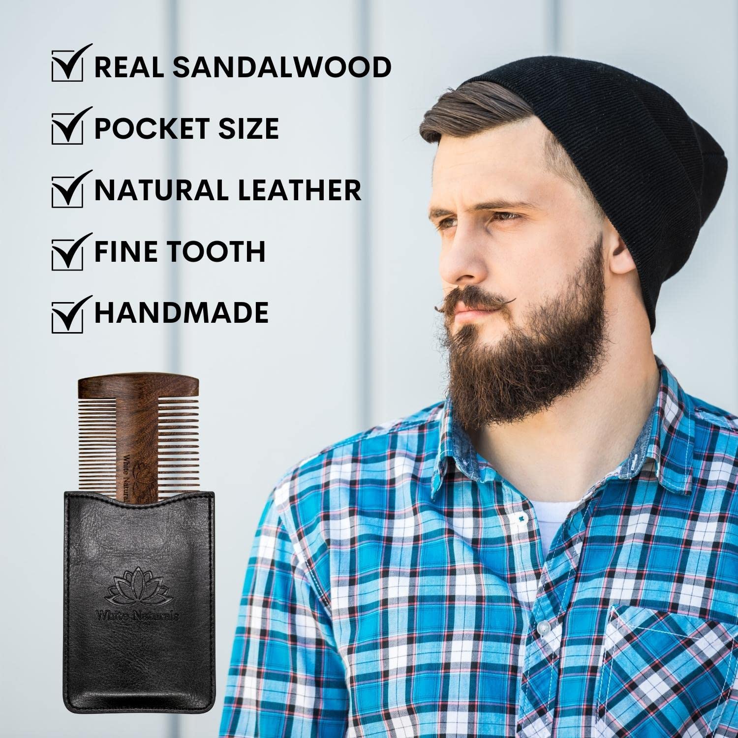 Premium Sandalwood Beard Comb for Men - Handmade Wooden Comb with Dual Action Teeth for Grooming & Styling - Includes PU Leather Case - Perfect for Travel, Home & Salon Use with Balms & Oils