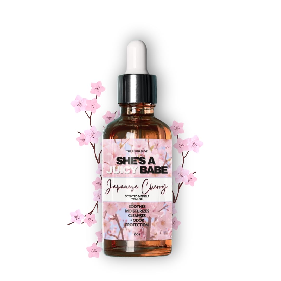 Organic Japanese Cherry Blossom Yoni Oil - Edible & Scented Intimate Oil for Women - 2oz Natural Lubricant for Sensual Massage & Aromatherapy - Promotes Odor Control & Feminine Wellness