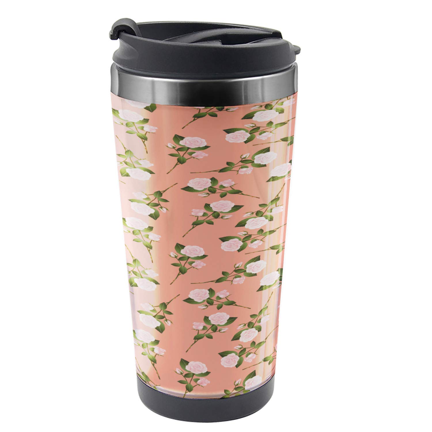 Ambesonne Vintage Floral Travel Mug - 16 oz Stainless Steel Thermal Cup with Rose & Thorn Bouquet Design in Olive Green & Peach | Perfect for Coffee, Tea & Hot Drinks On The Go, Office, Commute & Outdoor Activities