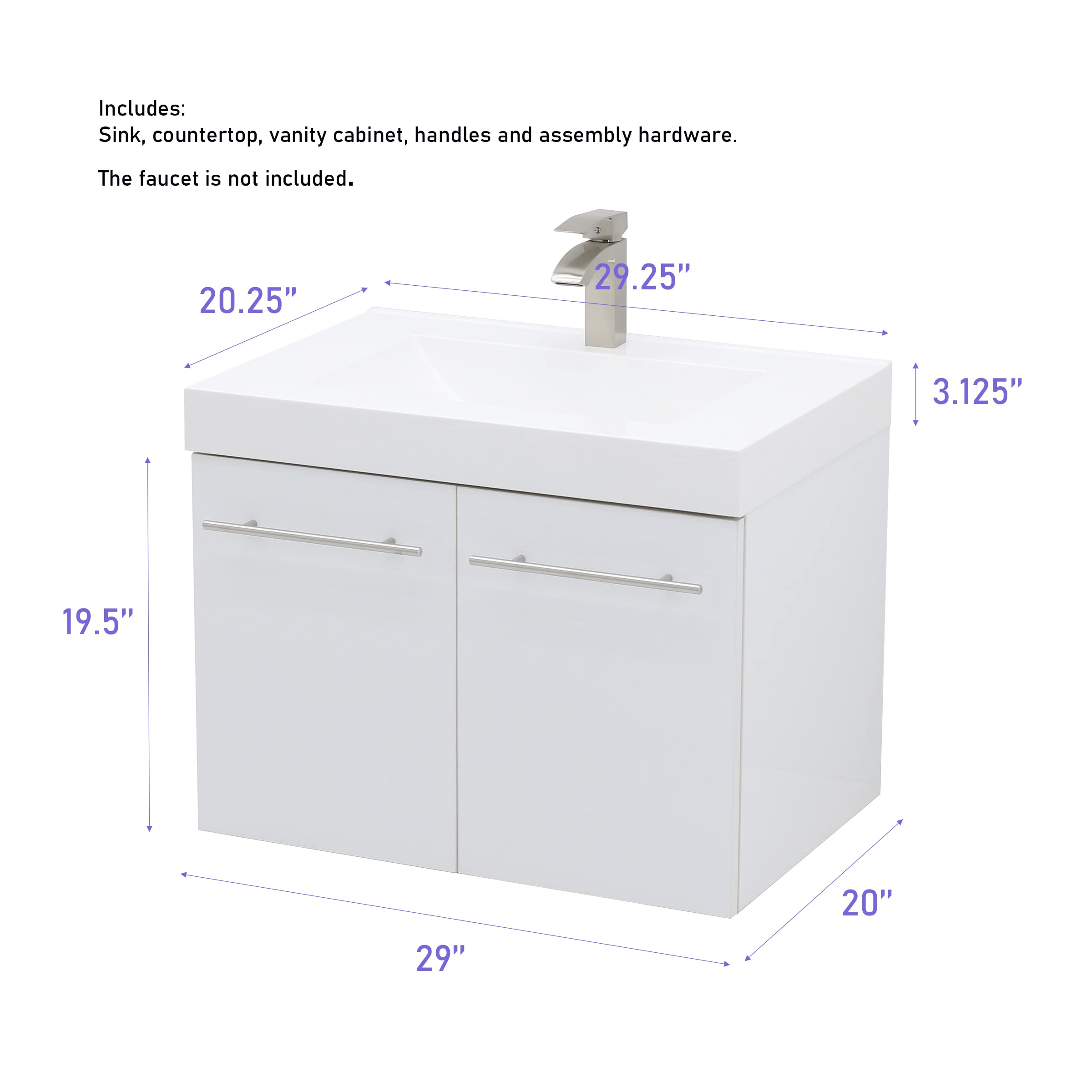 Wall Mount Floating Vanity Sink Set - High Gloss Dark Grey for Modern Bathrooms