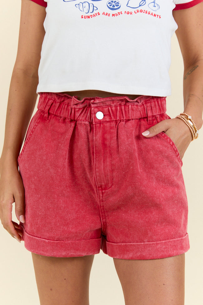 Stylish Red Ruffle Waist Denim Shorts for Women - Trendy High Waist Summer Shorts for Casual Outings, Beach Vacations & Date Nights