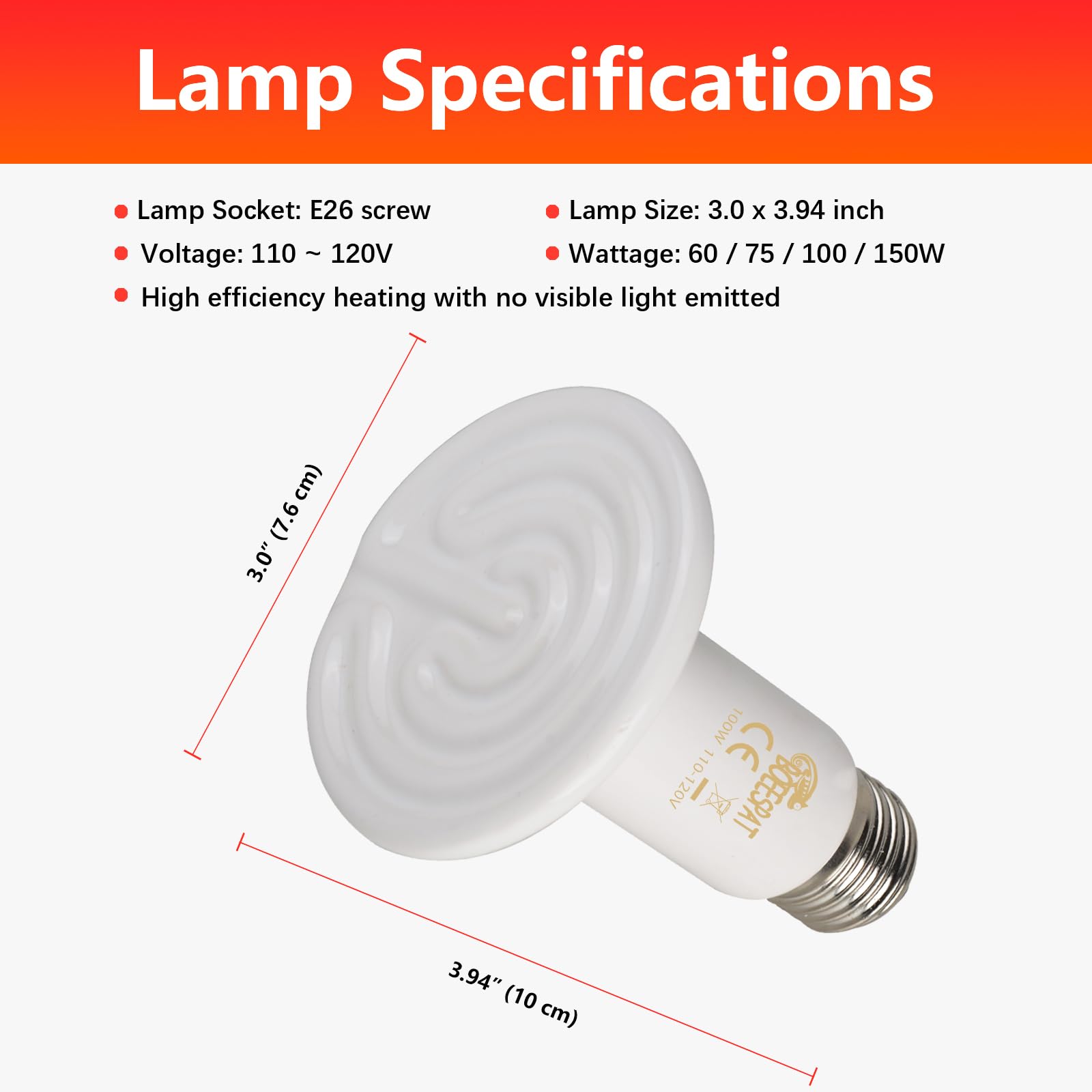 100W Ceramic Heat Emitters - 2 Pack Reptile Heat Lamp Bulbs for Iguana, Bearded Dragon, Lizard & Small Pets | Efficient White Infrared Heating for Terrariums, Vivariums & Pet Habitats