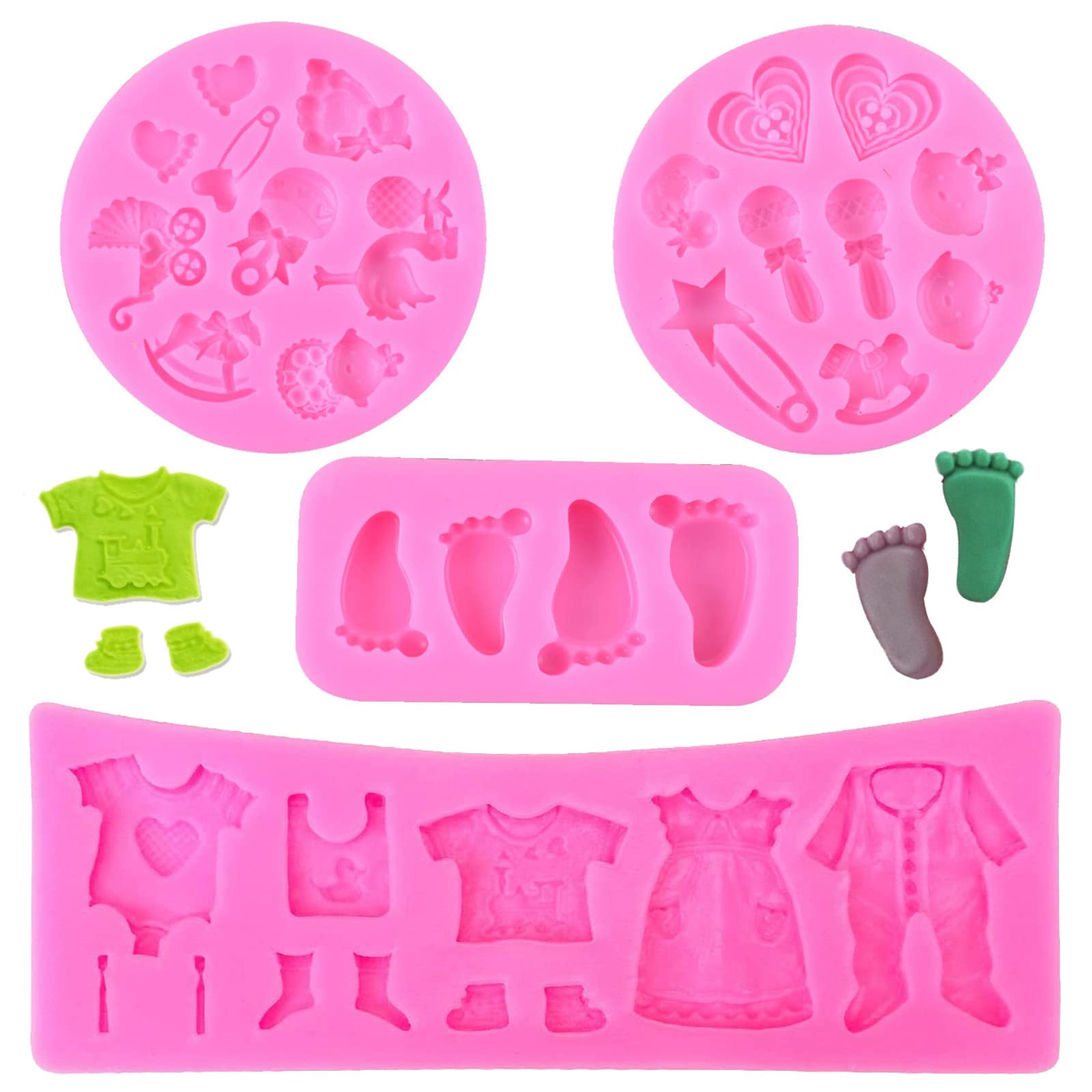 3D Silicone Fondant Molds Set of 4 - Baby Shower DIY Cake Decorating Tools for Soap Making, Baking & Cookie Stamps - Perfect for Newborn Footprint Keepsakes and Edible Decorations