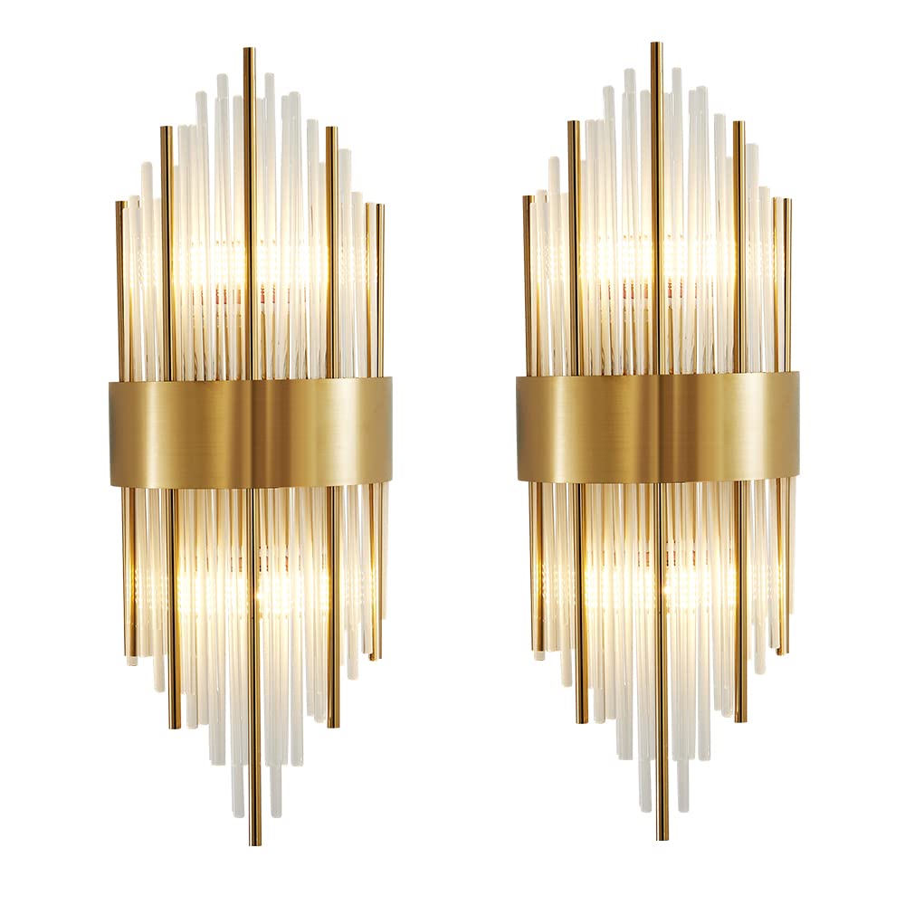 BOKT Crystal Wall Sconces Set of 2 - Modern Gold Wall Lights for Bathroom Vanity, Bedroom, Hallway - Luxury Wall Mount Lighting Fixtures for Home Decor & Interior Design