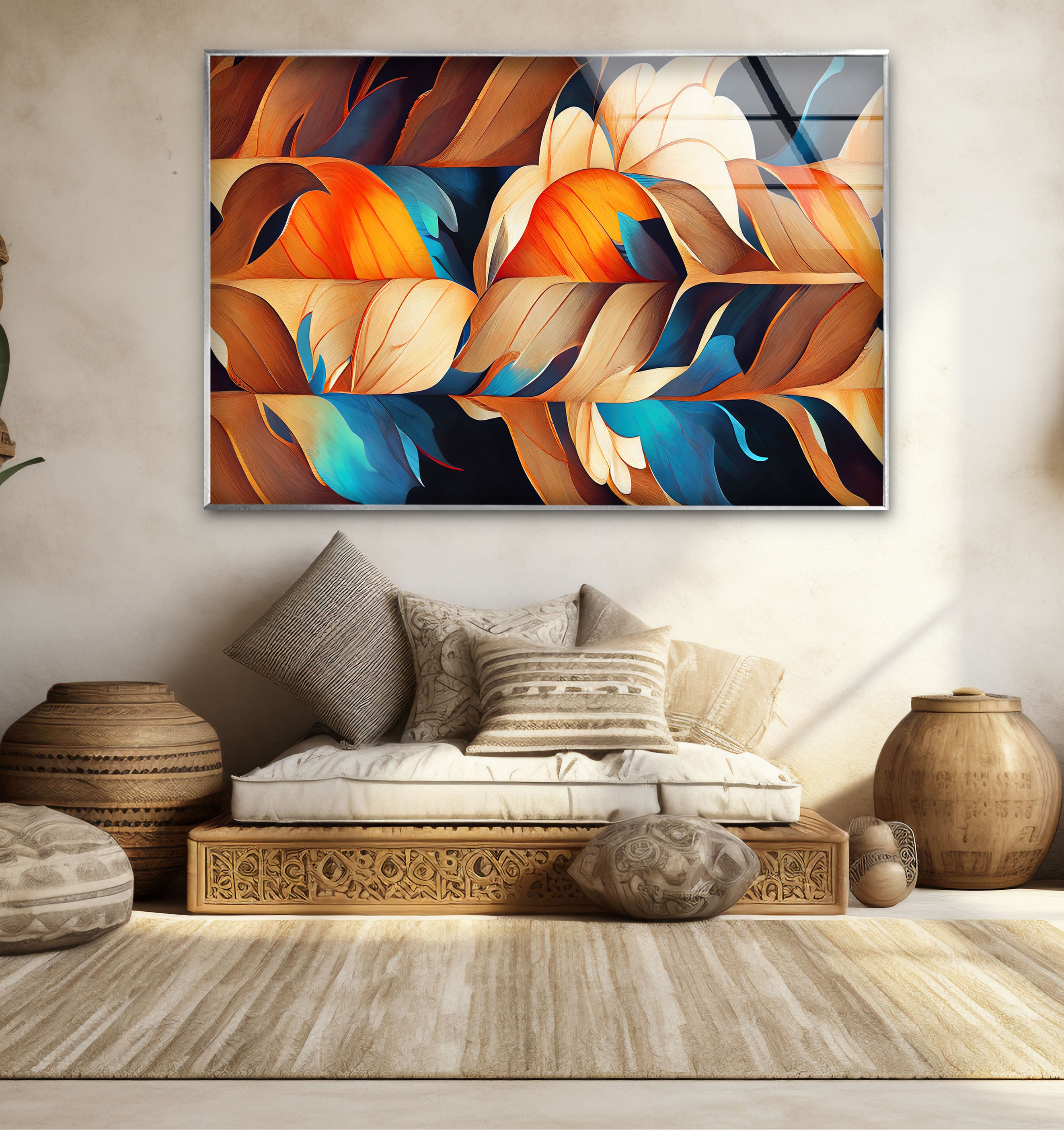 Abstract Feather Flow Glass Wall Art – Earthy Orange & Teal Nature Design Handmade Home Decor for Living Room, Bedroom & Office – Modern Nature-Inspired Wall Hangings